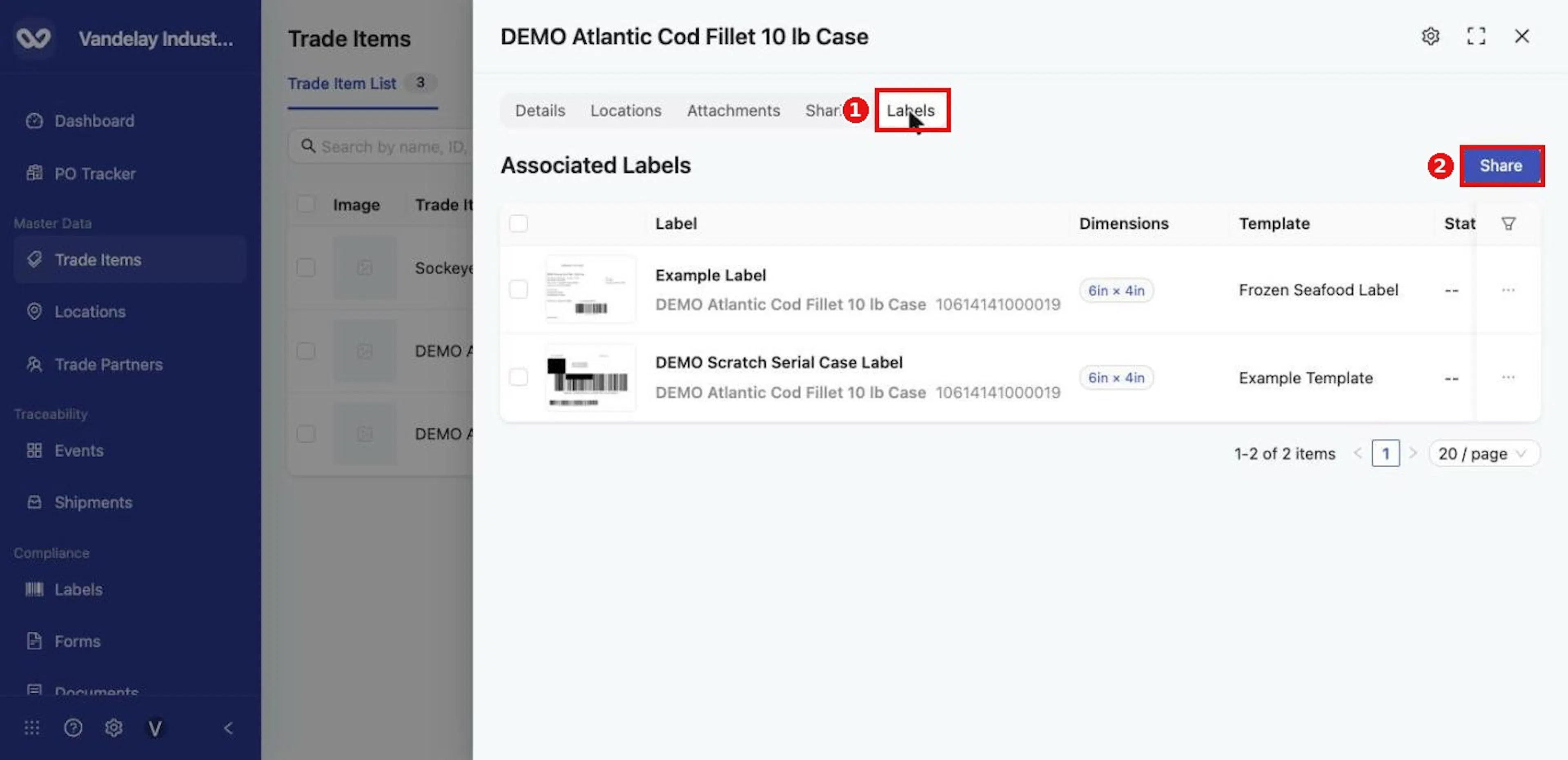 A trade item's Labels tab lists its Associated Labels, with a Share button.