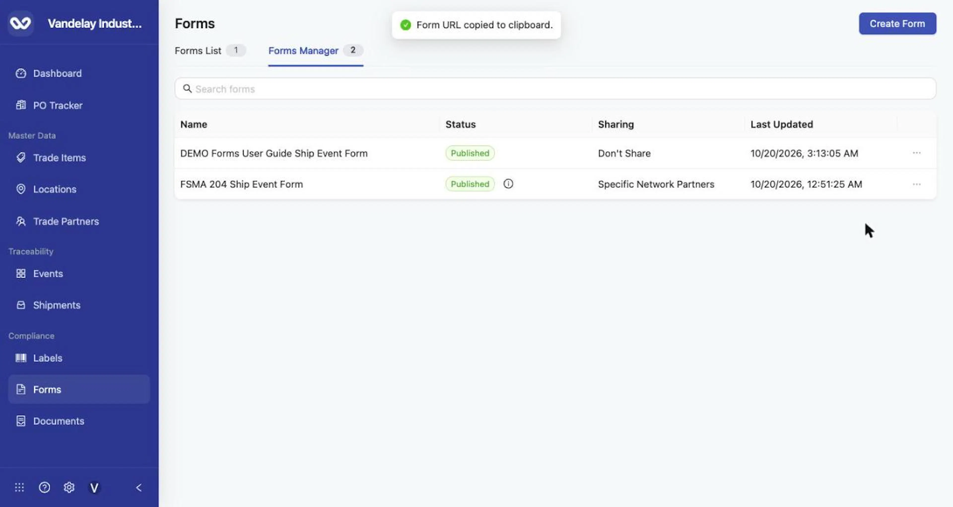 Copy URL shows 'Form URL copied to clipboard.'