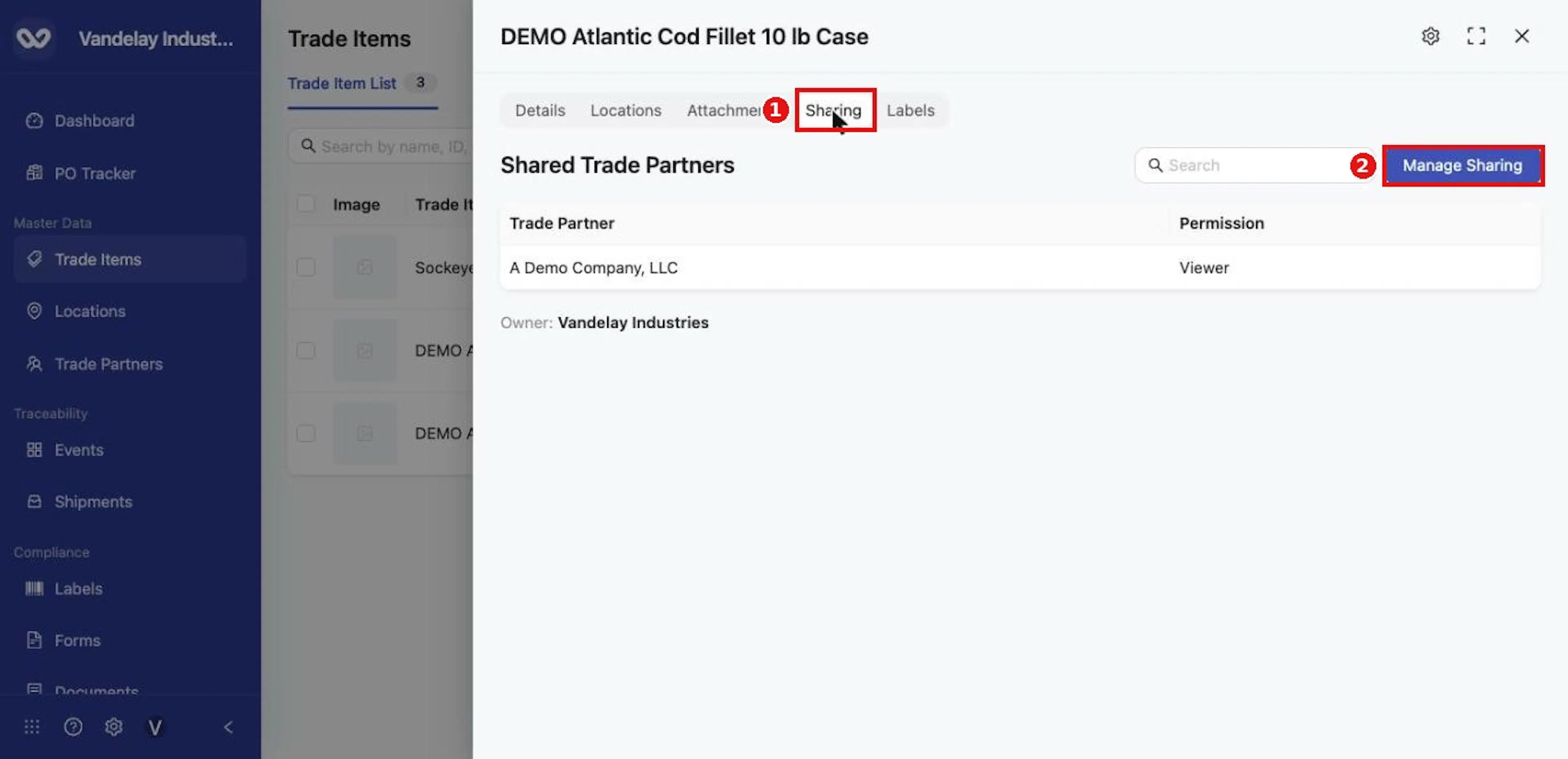 The trade item's Sharing tab shows partner access; Manage Sharing changes it.