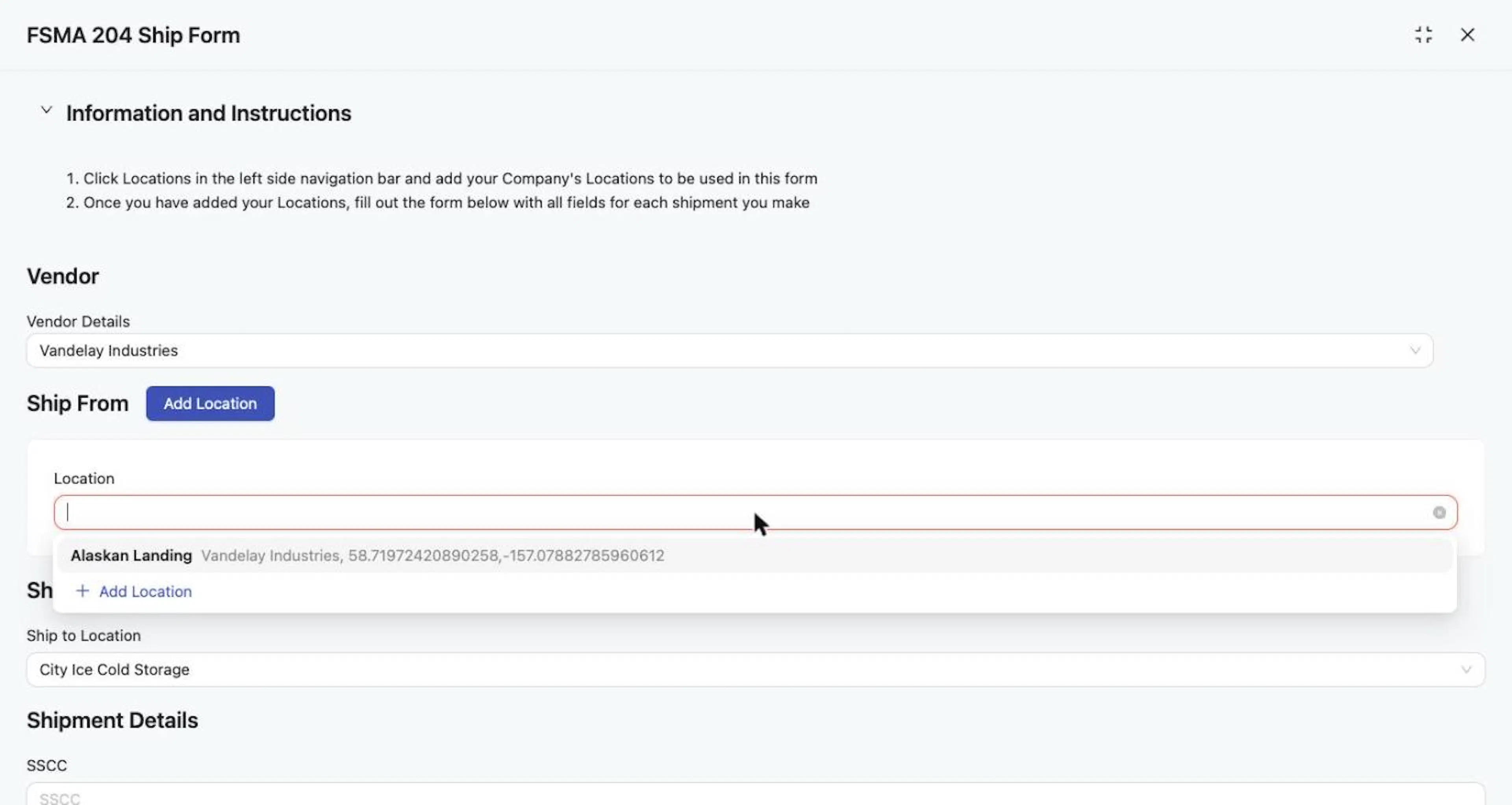 The Ship From Location selector shows name, trade partner and coordinates, plus an Add Location option.