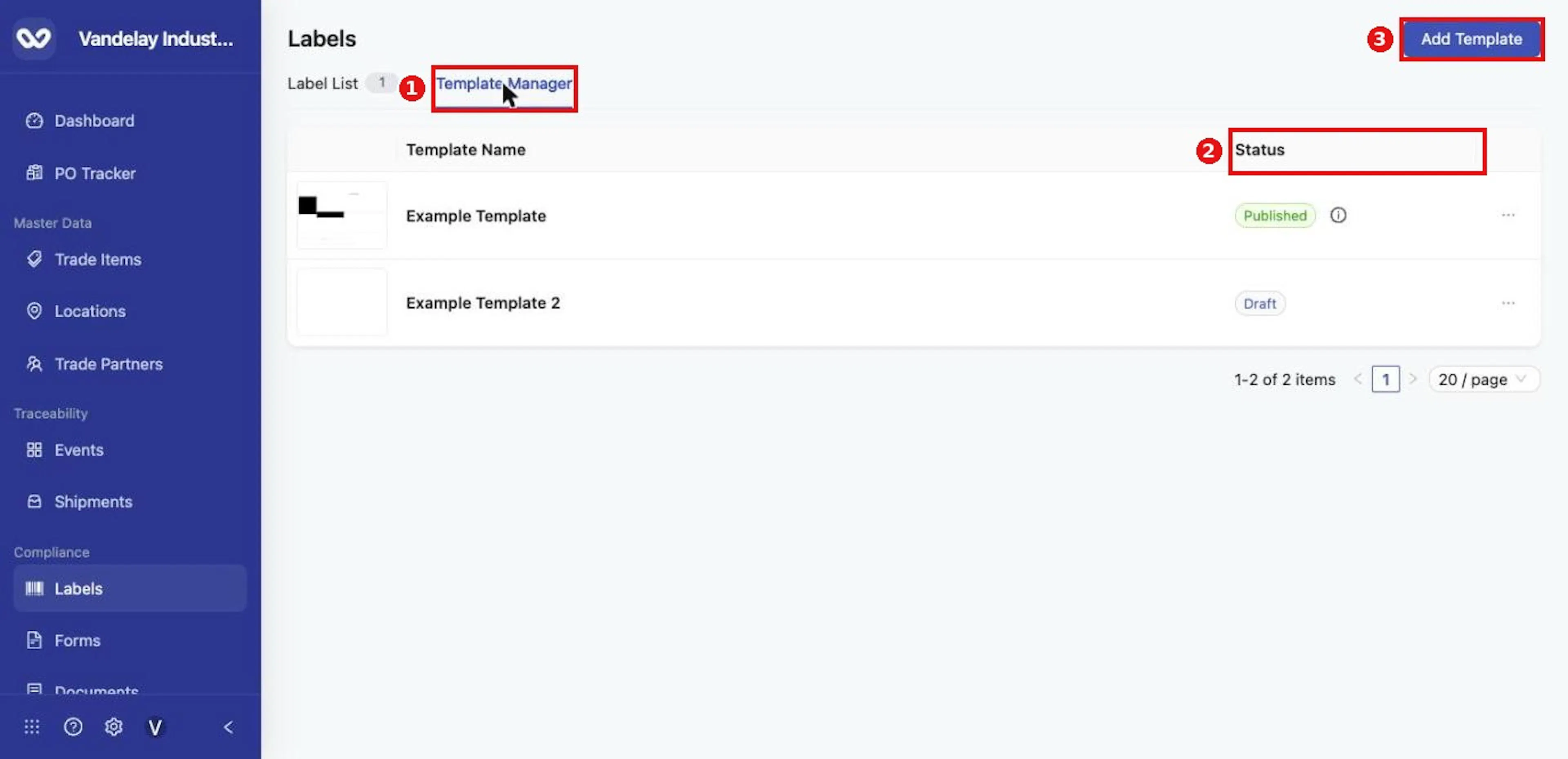 Template Manager lists your templates with their Status.