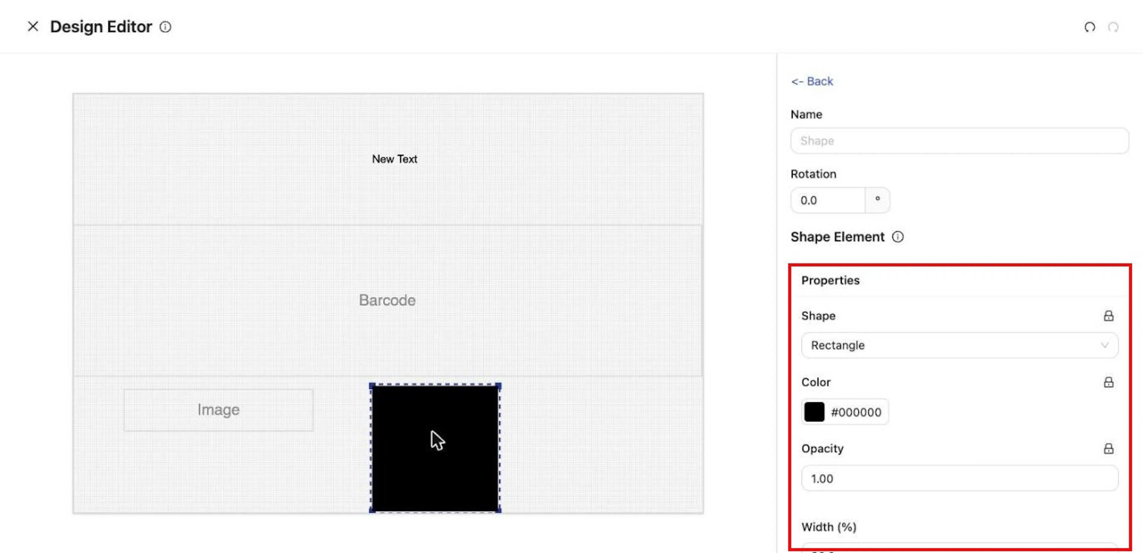 A Shape element: Shape, Color, Opacity and size.