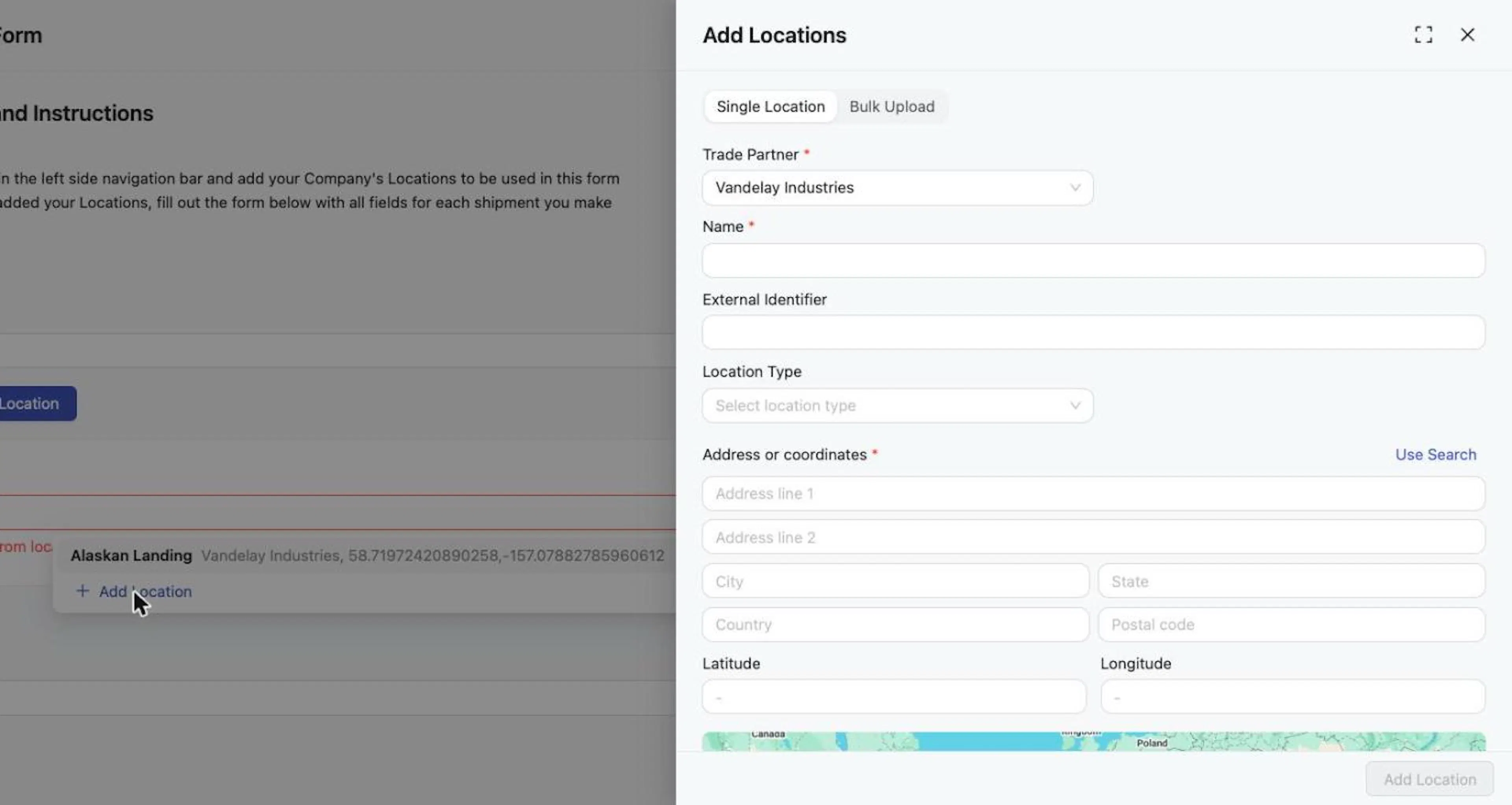 Add Locations drawer from the selector, with Single Location and Bulk Upload tabs.