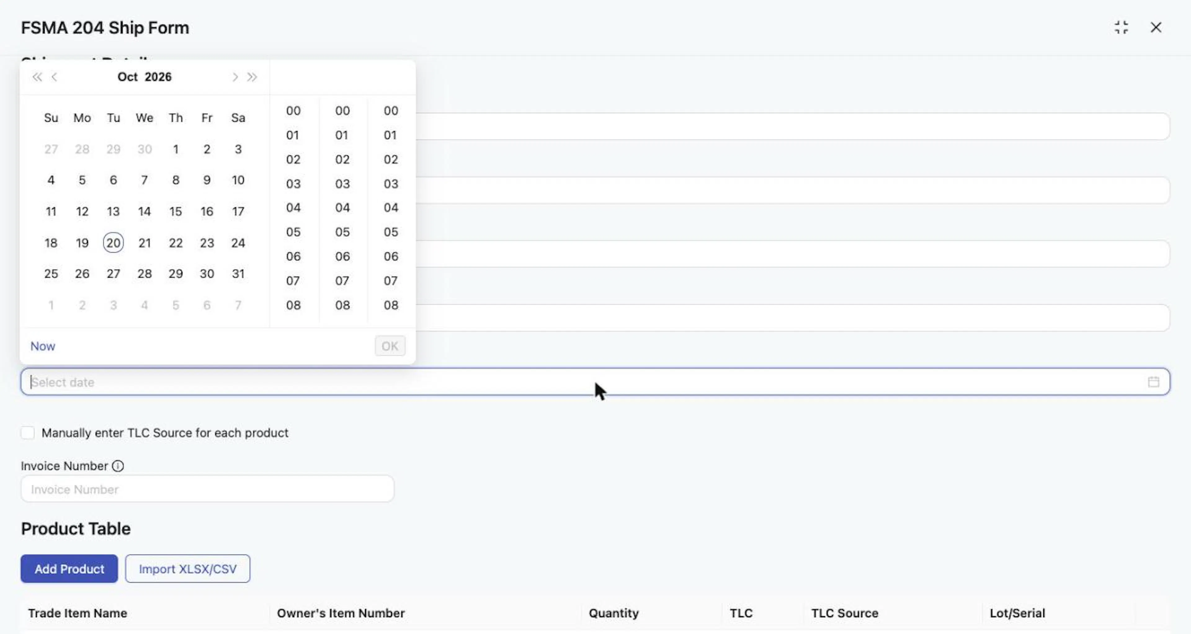 Shipment Date: choose a date, set the time, then select OK.