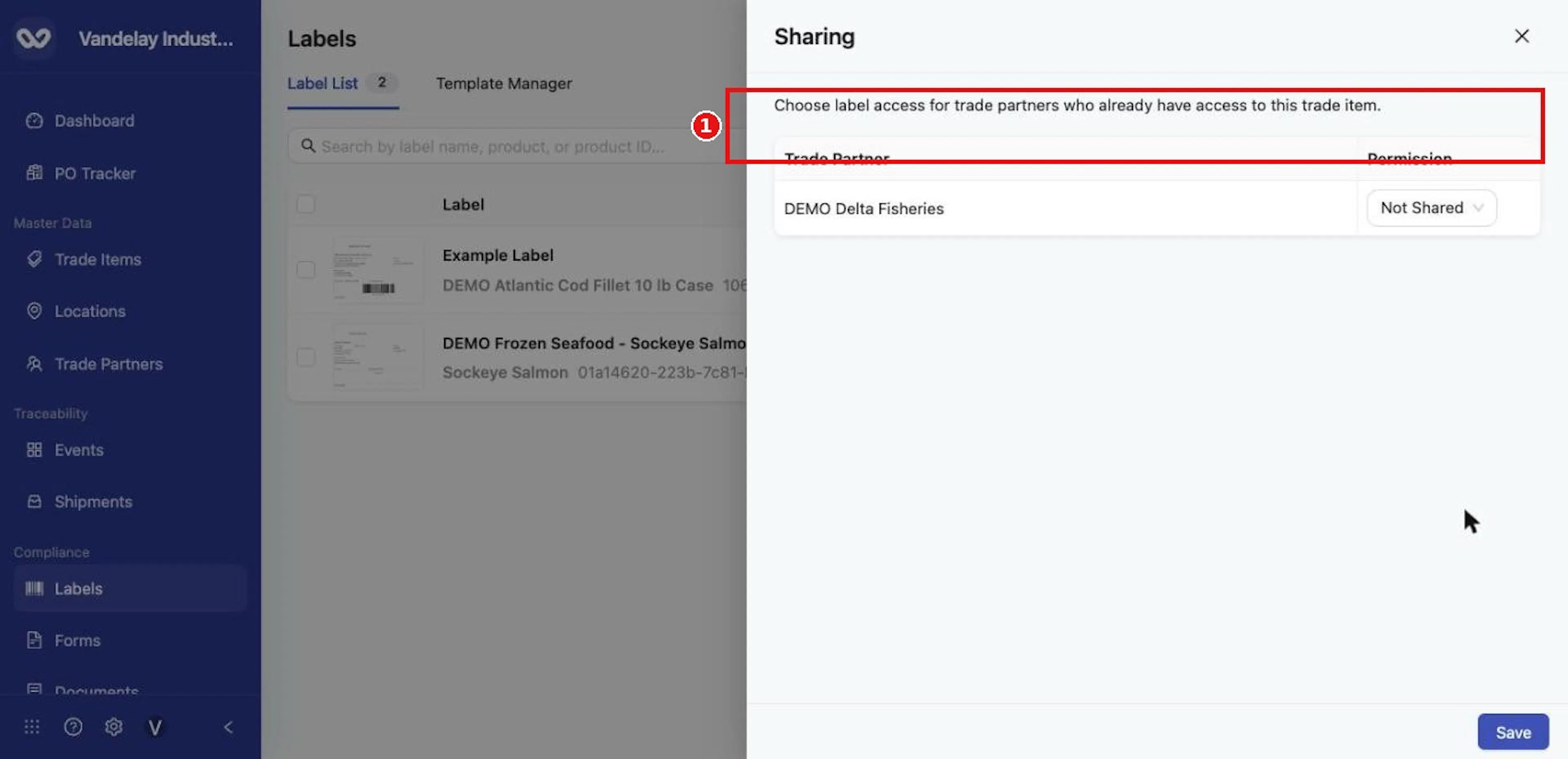 The Sharing panel lists partners who already have access to the trade item.