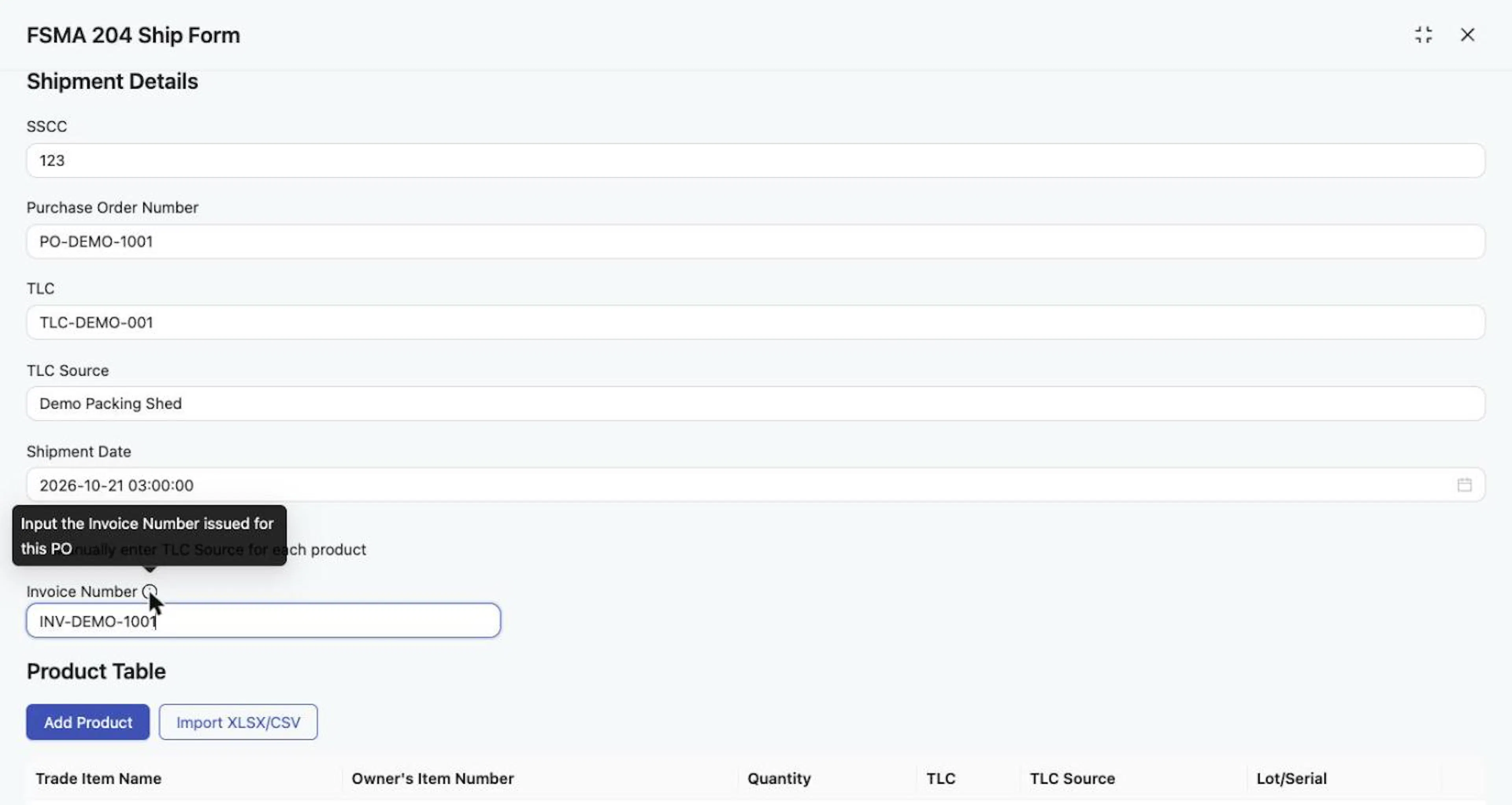 Shipment Details with example values; the Invoice Number tooltip is open.