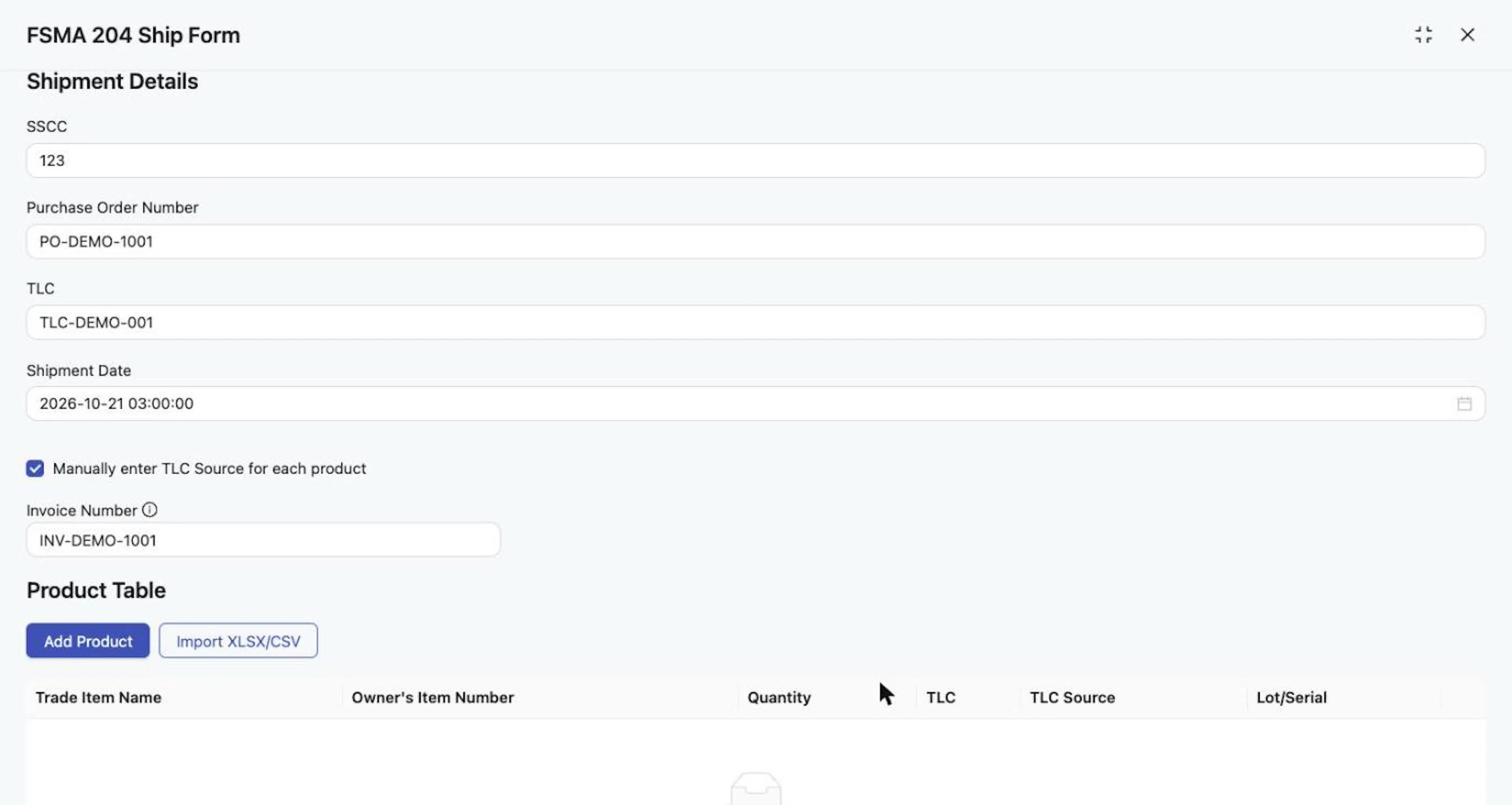 With Manually enter TLC Source for each product ticked, the shared TLC Source field disappears.