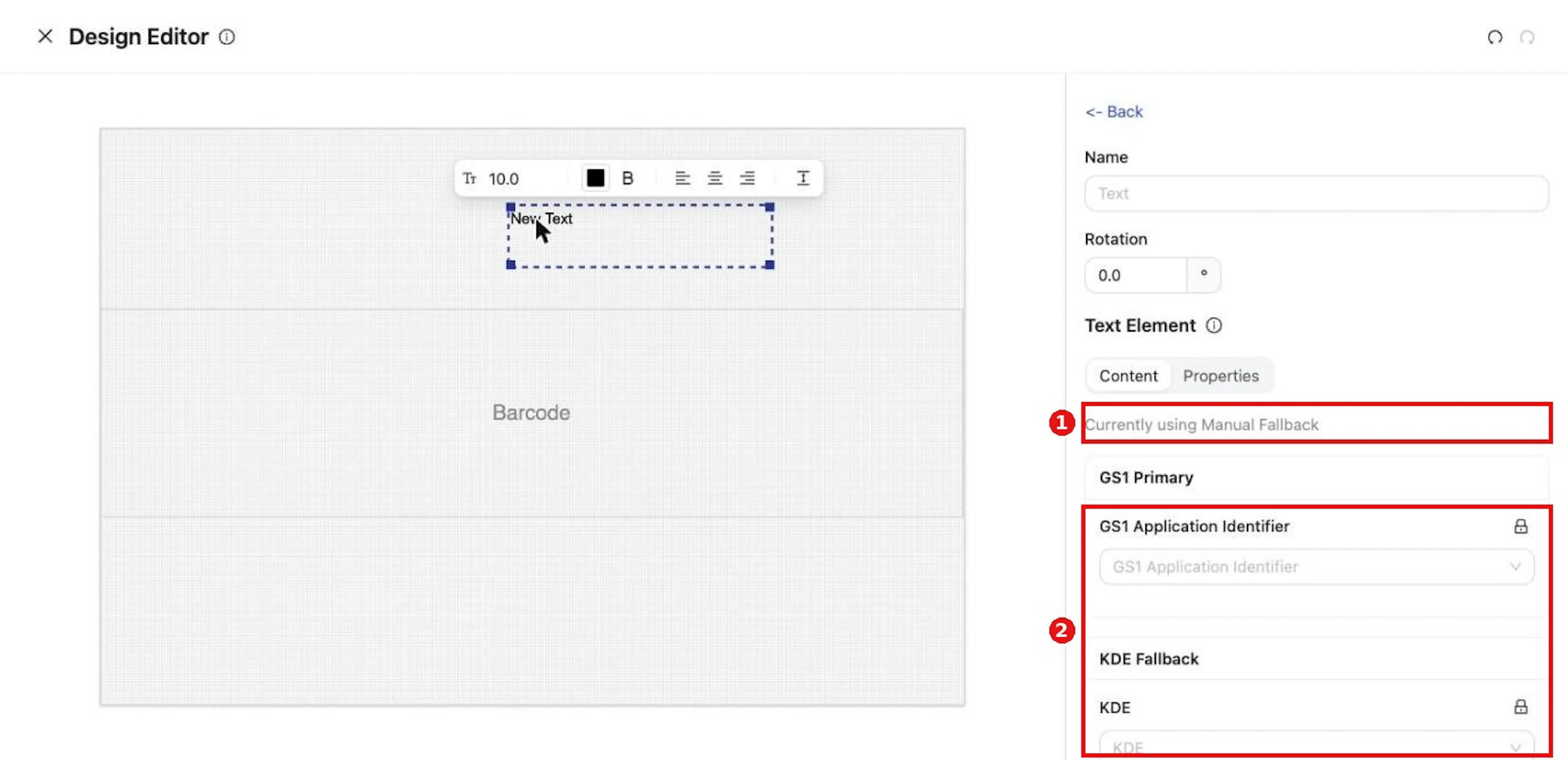A text element's Content tab shows which source is in use and the three value sources.
