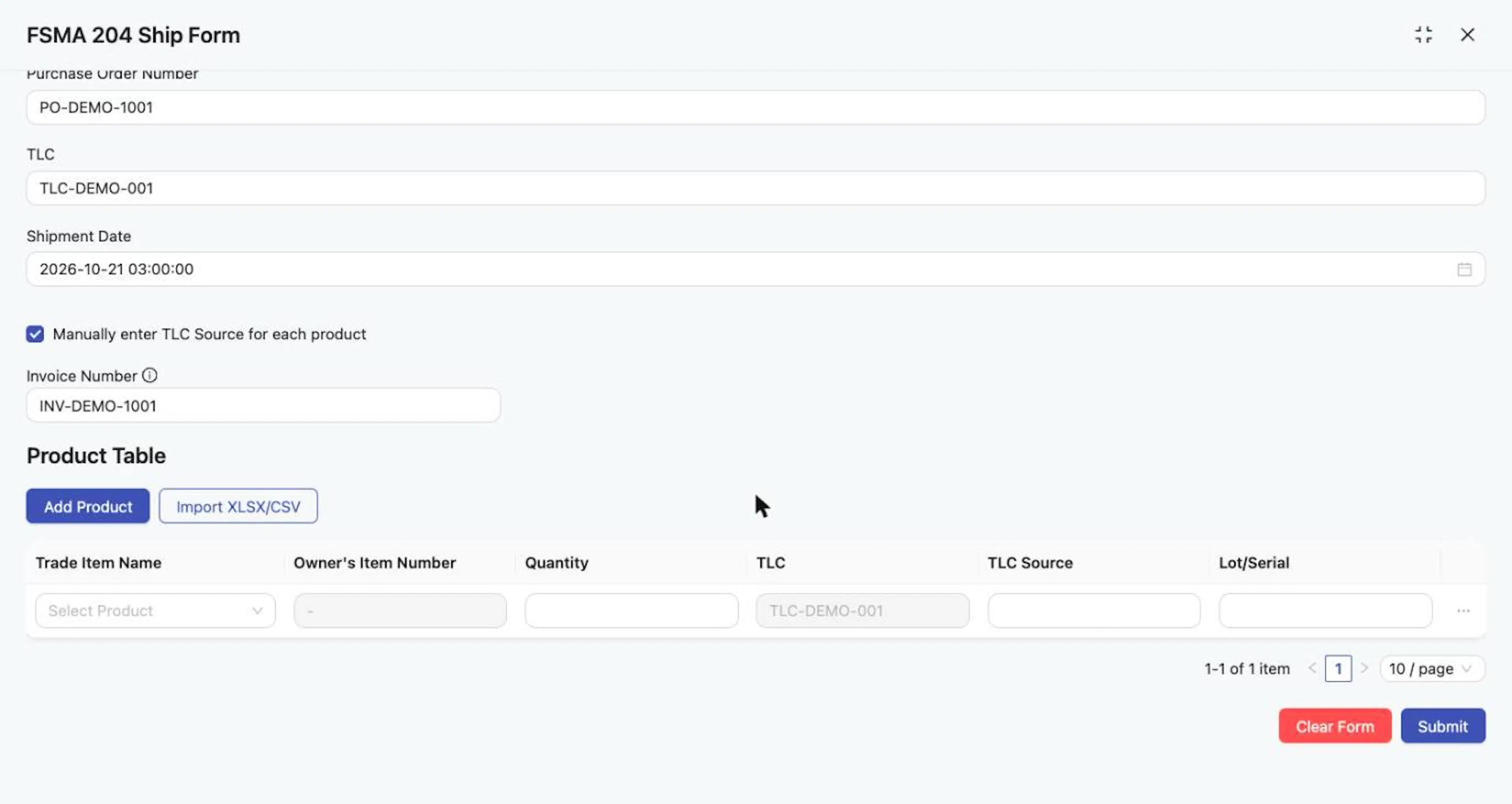 A product row: TLC is read-only and TLC Source is editable when per-product entry is on.