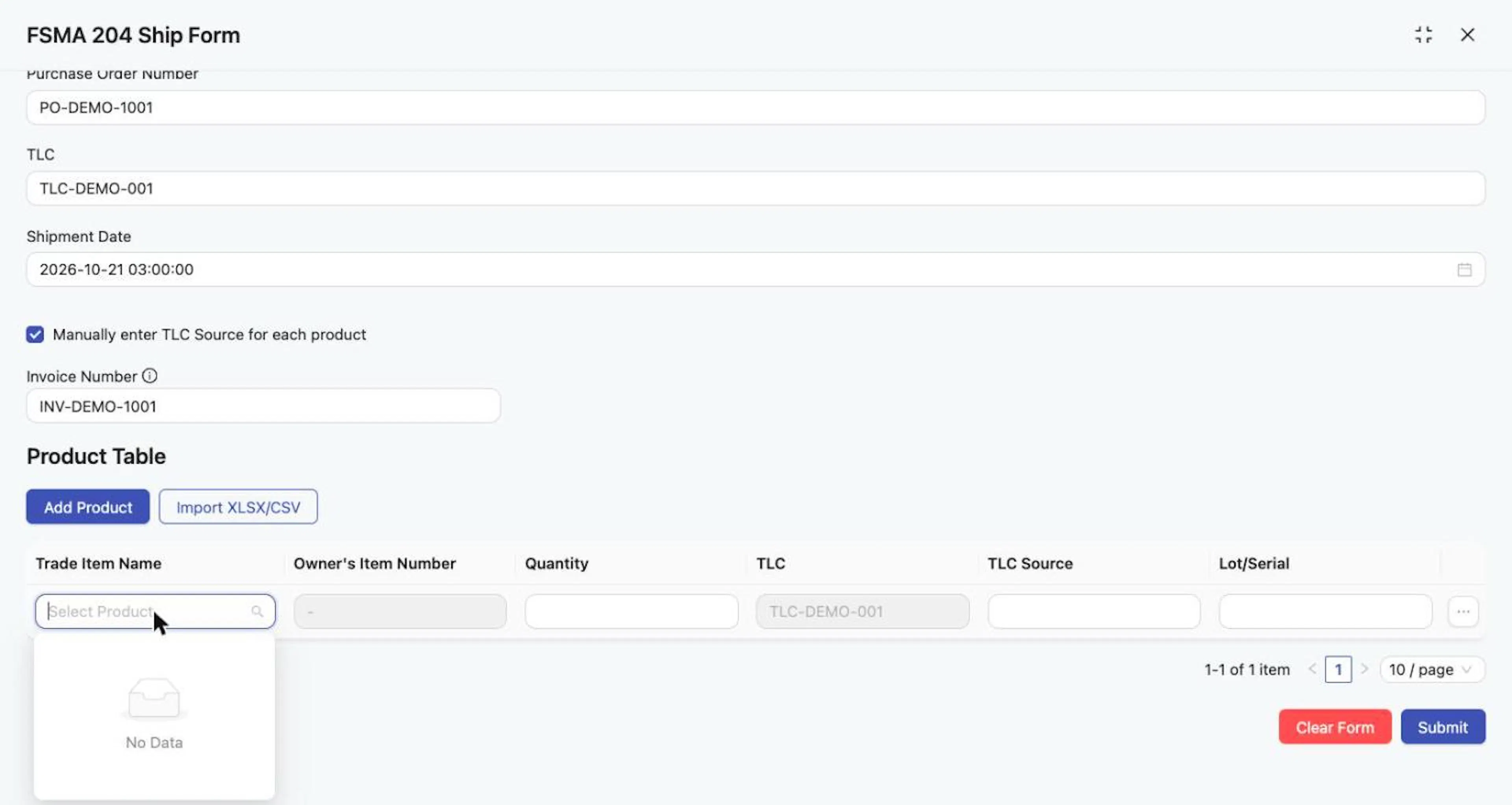 The product selector shows 'No Data' when the buyer has not shared trade items.