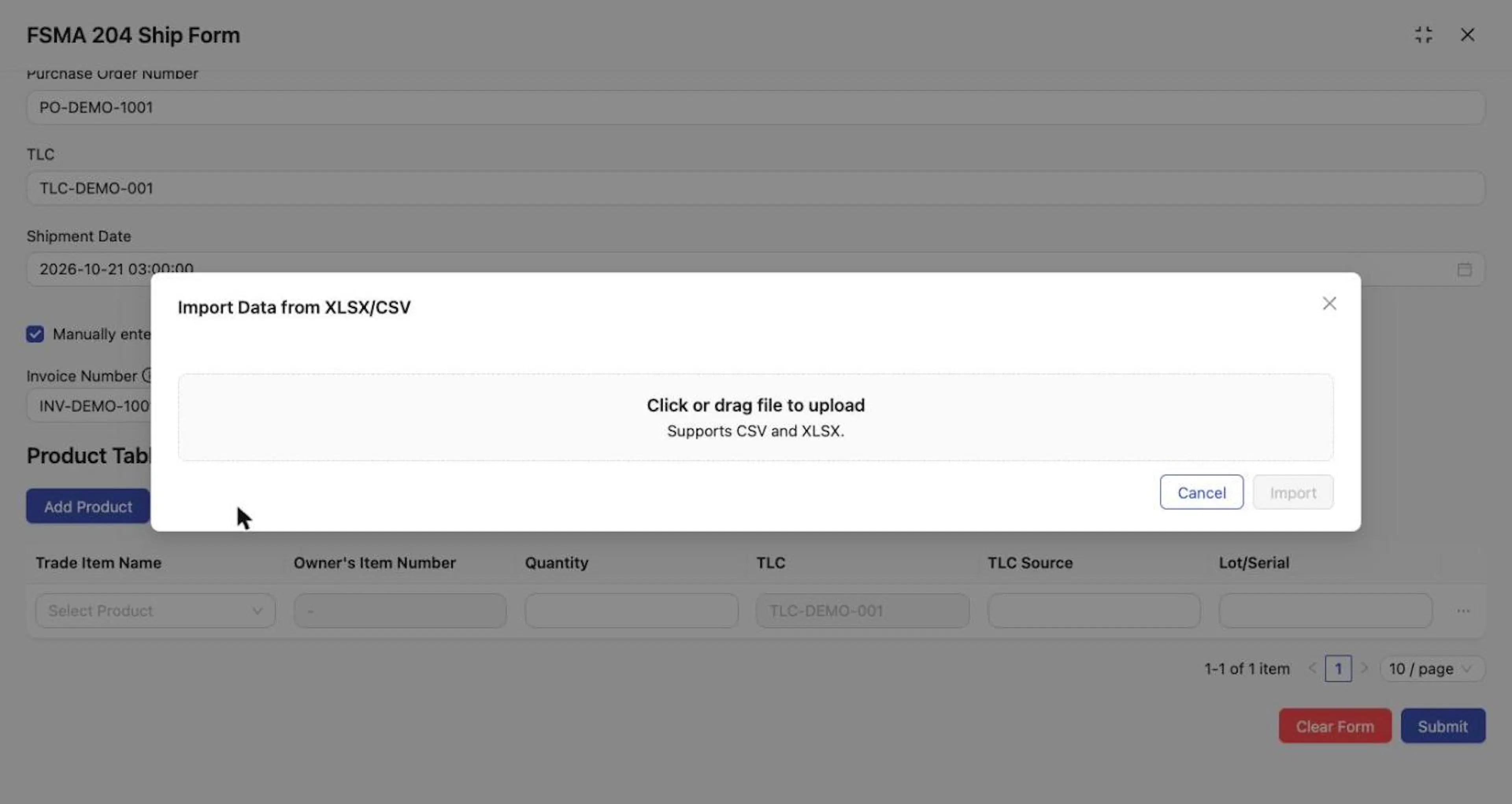 The Import Data from XLSX/CSV window.