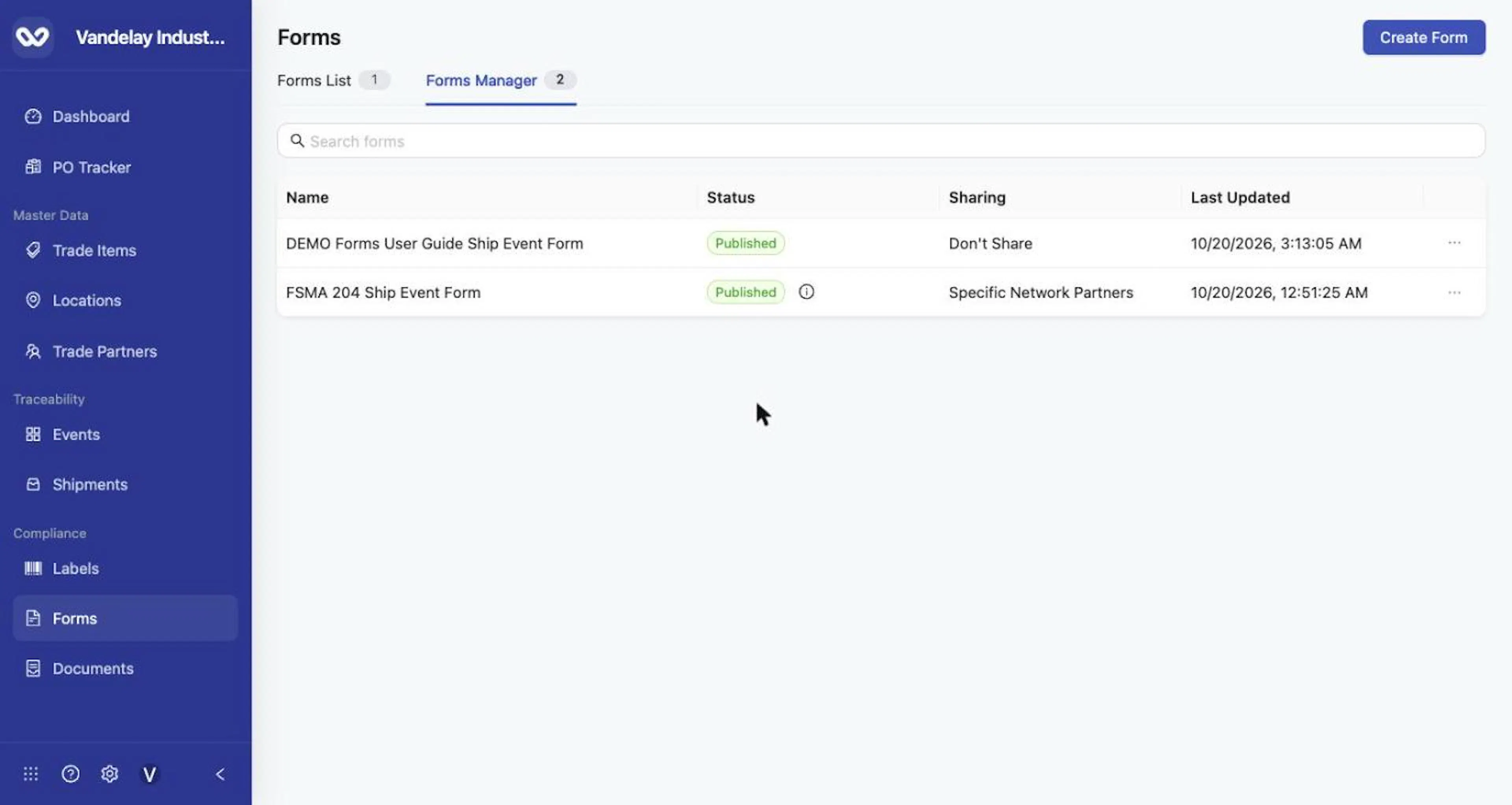 Forms Manager with a published form that is not shared.