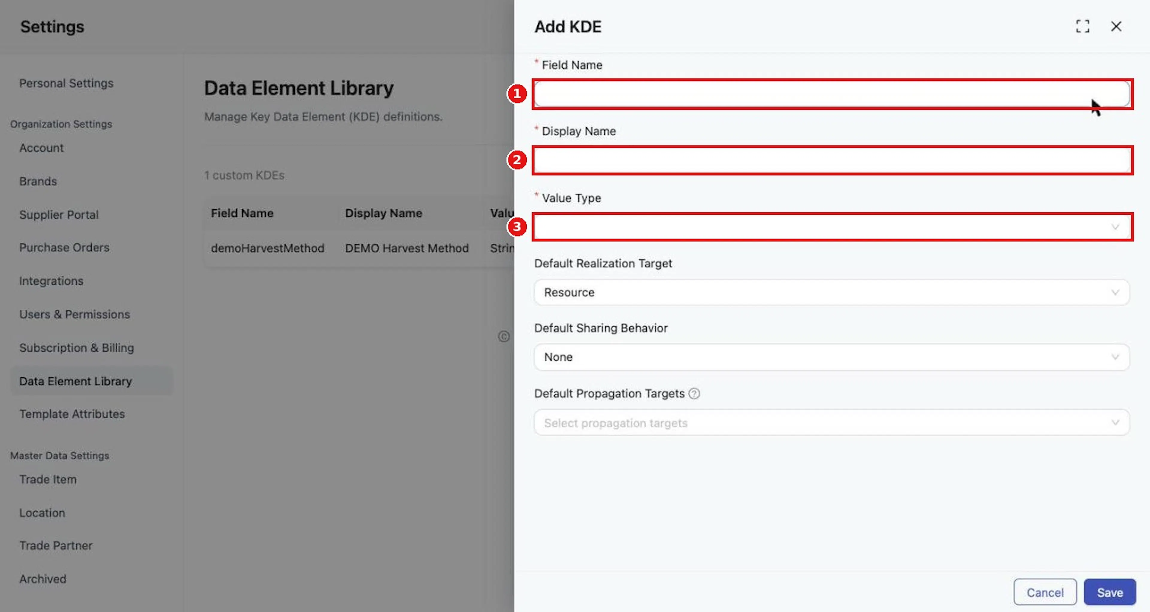 Add KDE requires Field Name, Display Name, and Value Type.