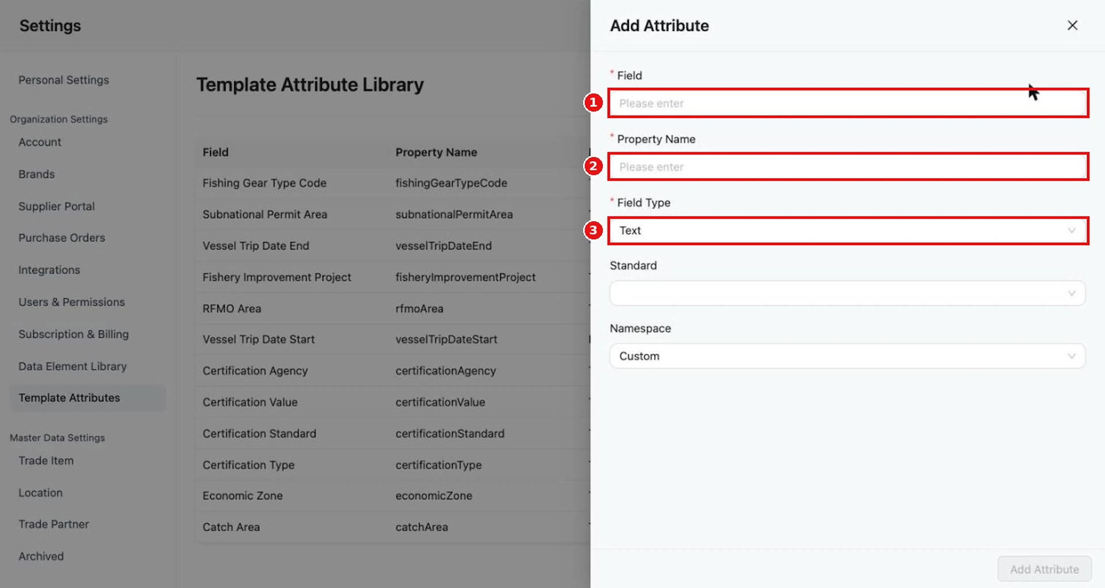 Add Attribute requires Field, Property Name, and Field Type.