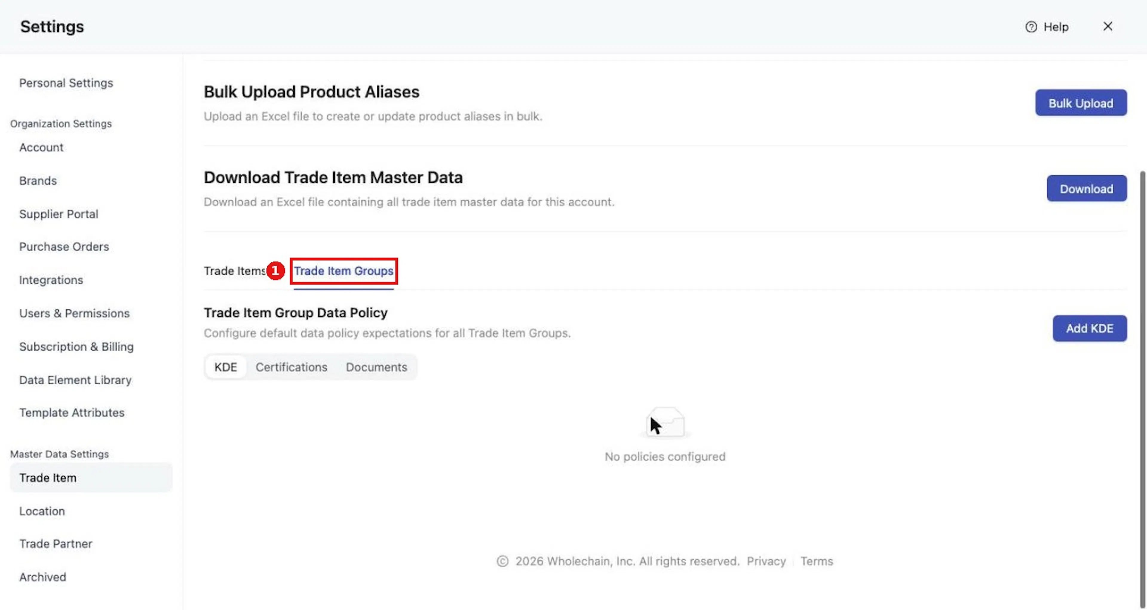 Trade Item Groups tab with its own Data Policy.