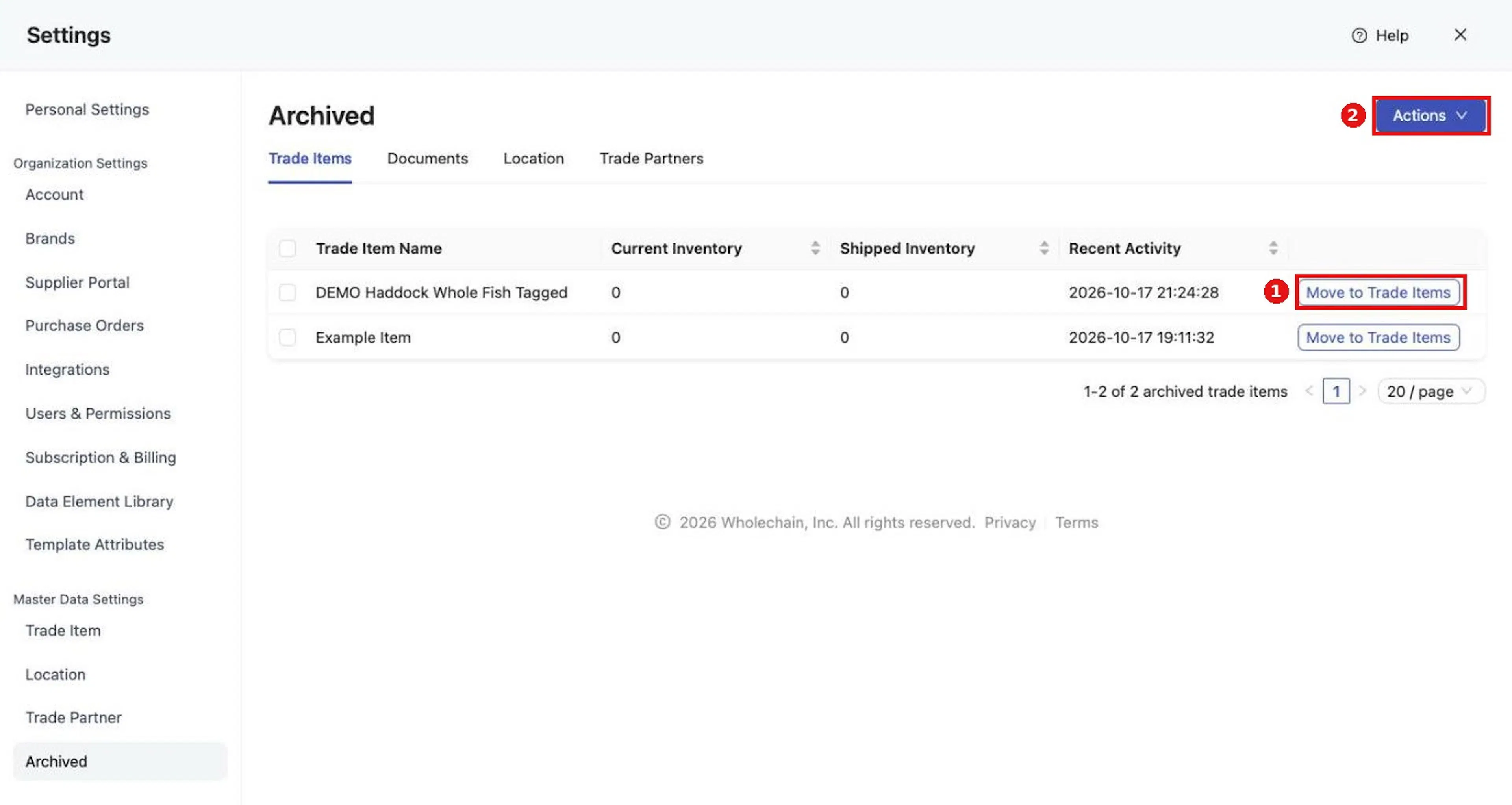 Archived Trade Items with Move to Trade Items on each row.