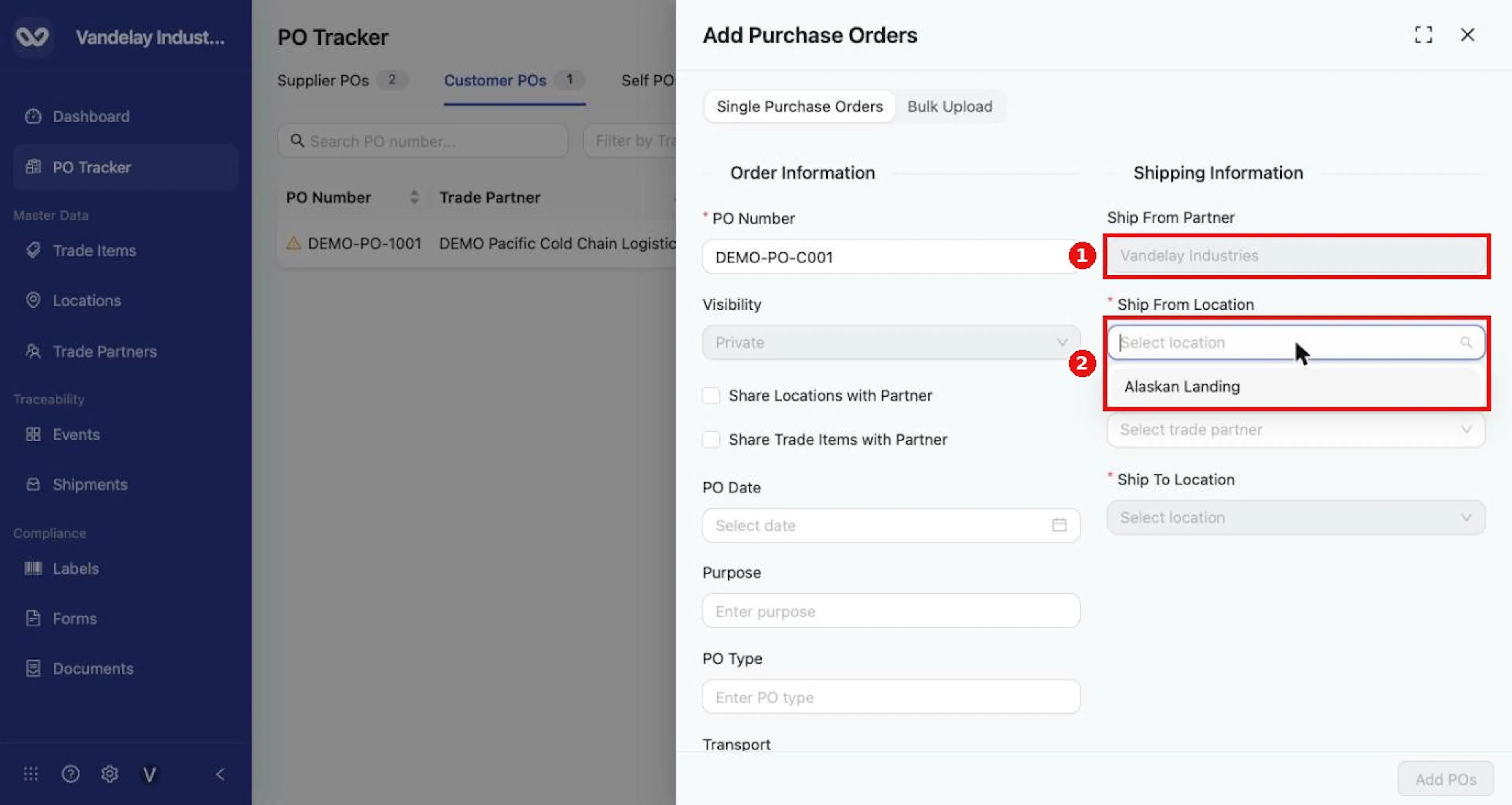 On Customer POs, Ship From Partner is set to your organization; choose your Ship From Location.