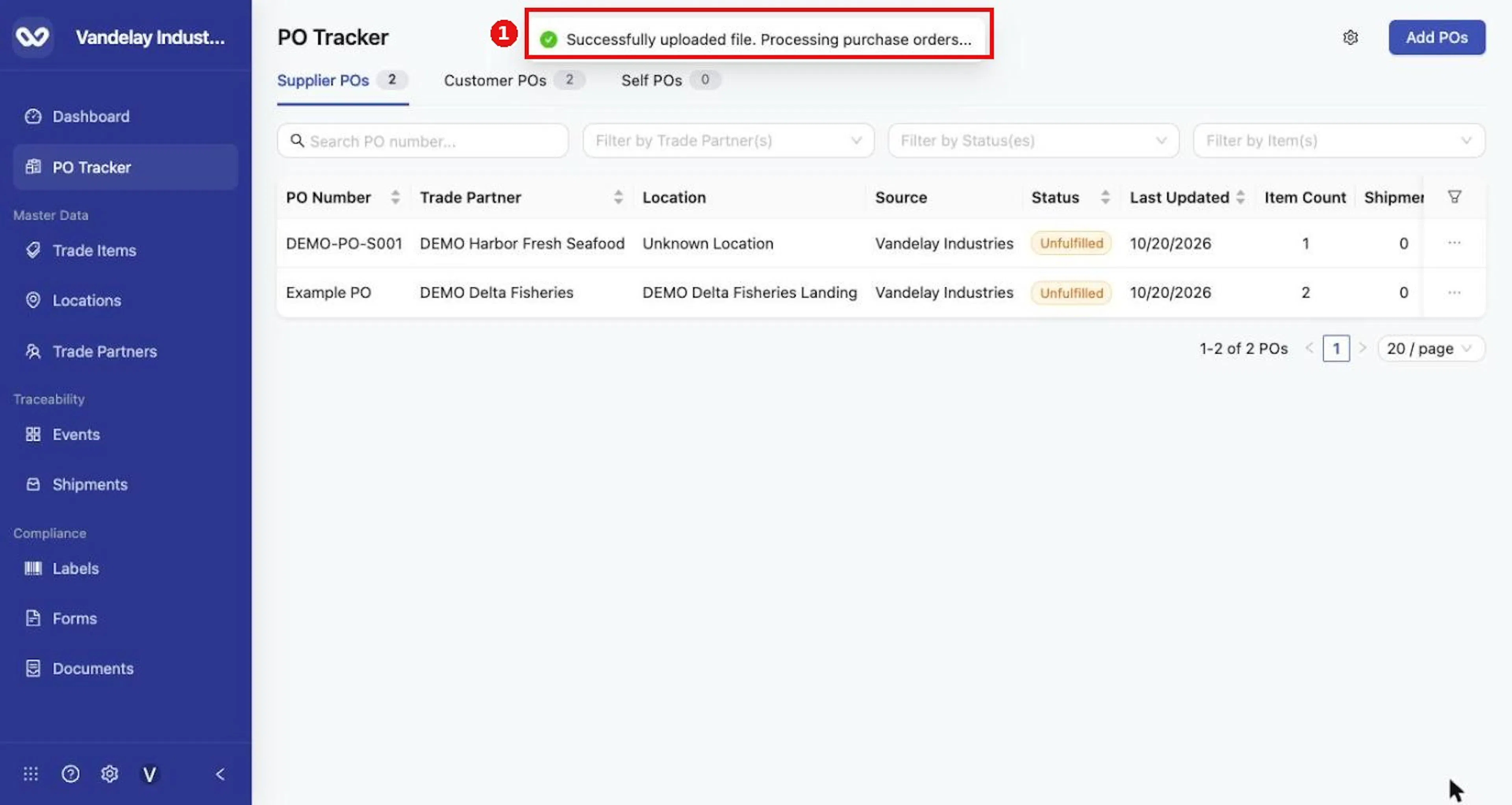 After Upload, the message Successfully uploaded file. Processing purchase orders... appears. Refresh the list in about a minute.