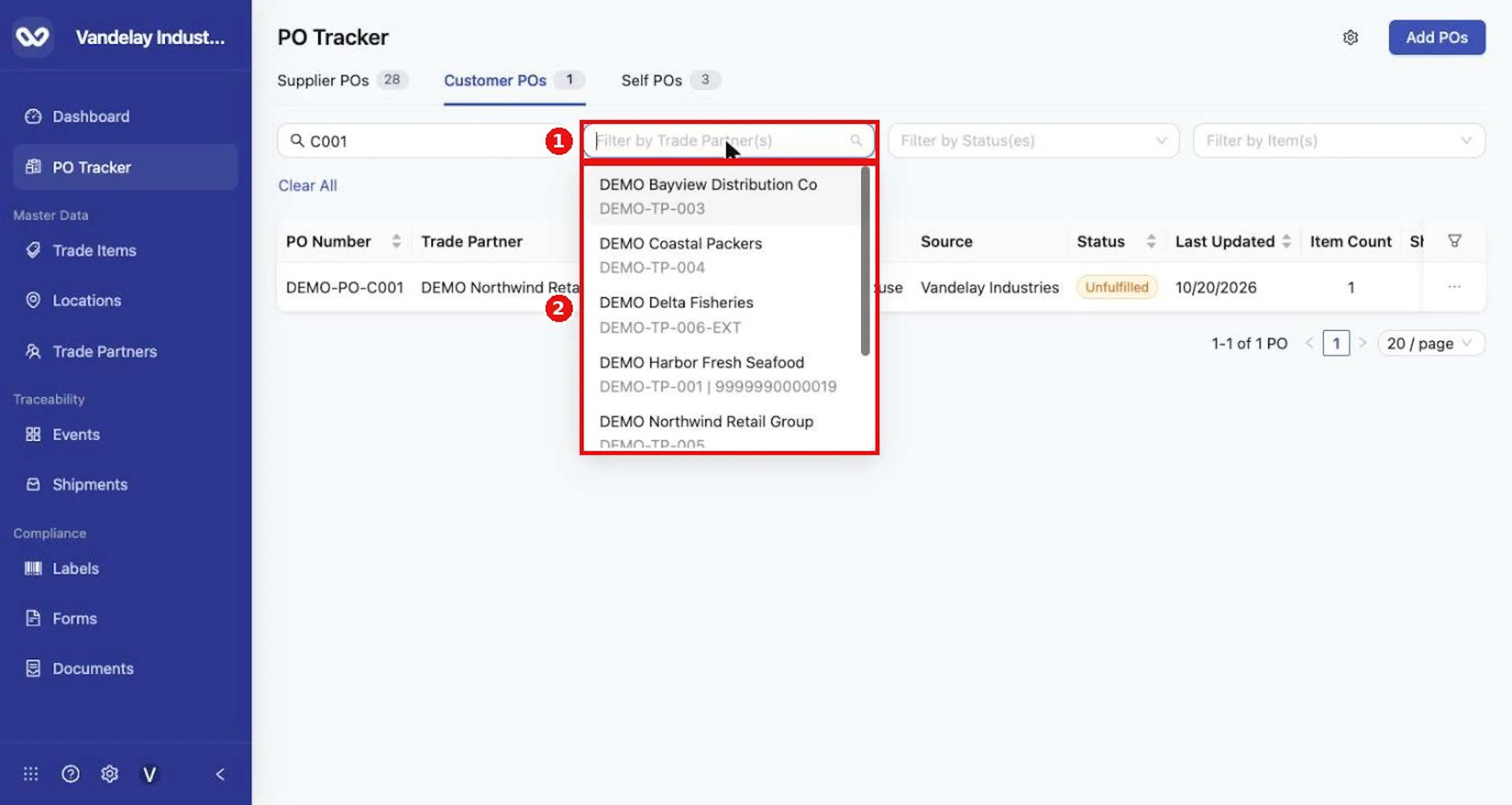 Open Filter by Trade Partner(s) and choose one or more partners.