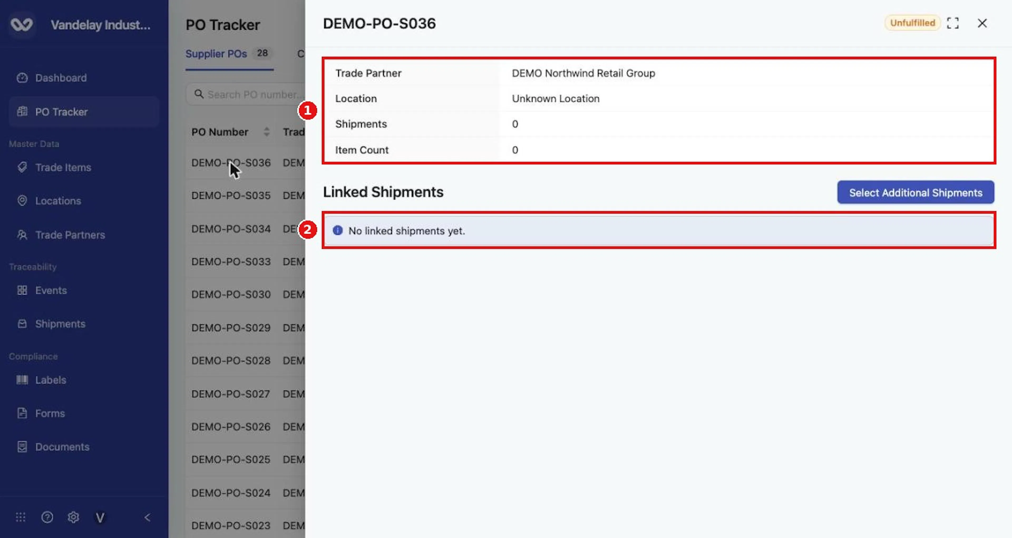 Select a row to open the PO drawer: Trade Partner, Location, Shipments, Item Count and Linked Shipments.