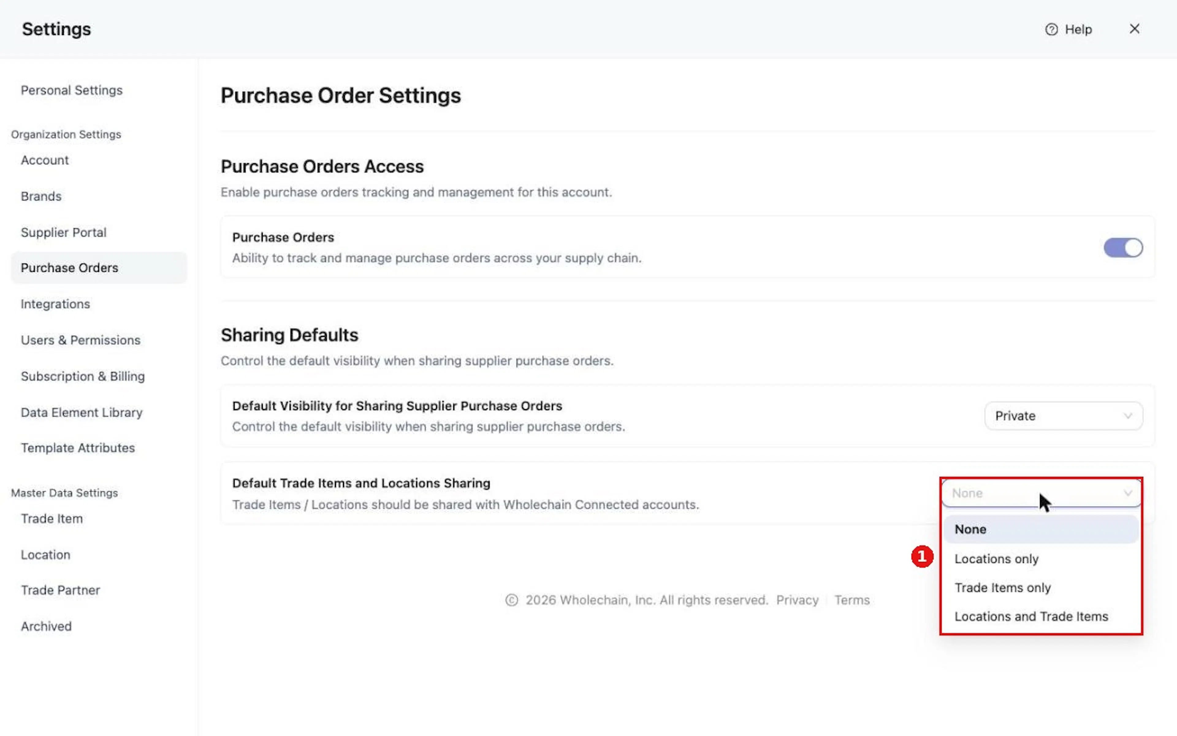 Choose the Default Trade Items and Locations Sharing.