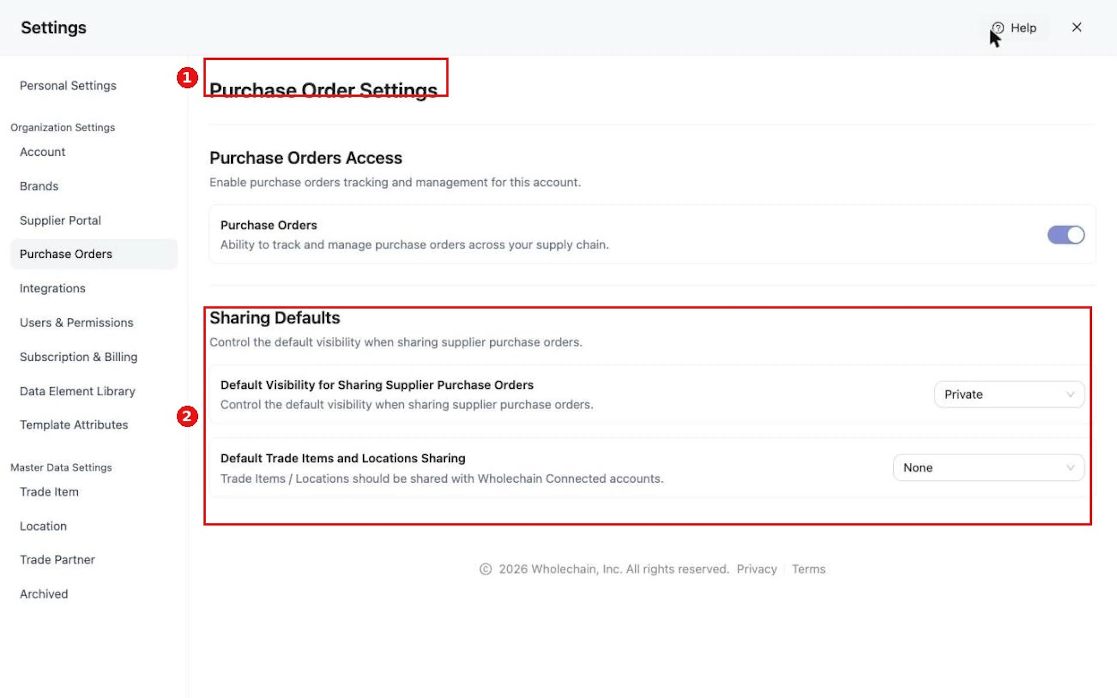 Settings opens on Purchase Orders, with Purchase Orders Access and Sharing Defaults.