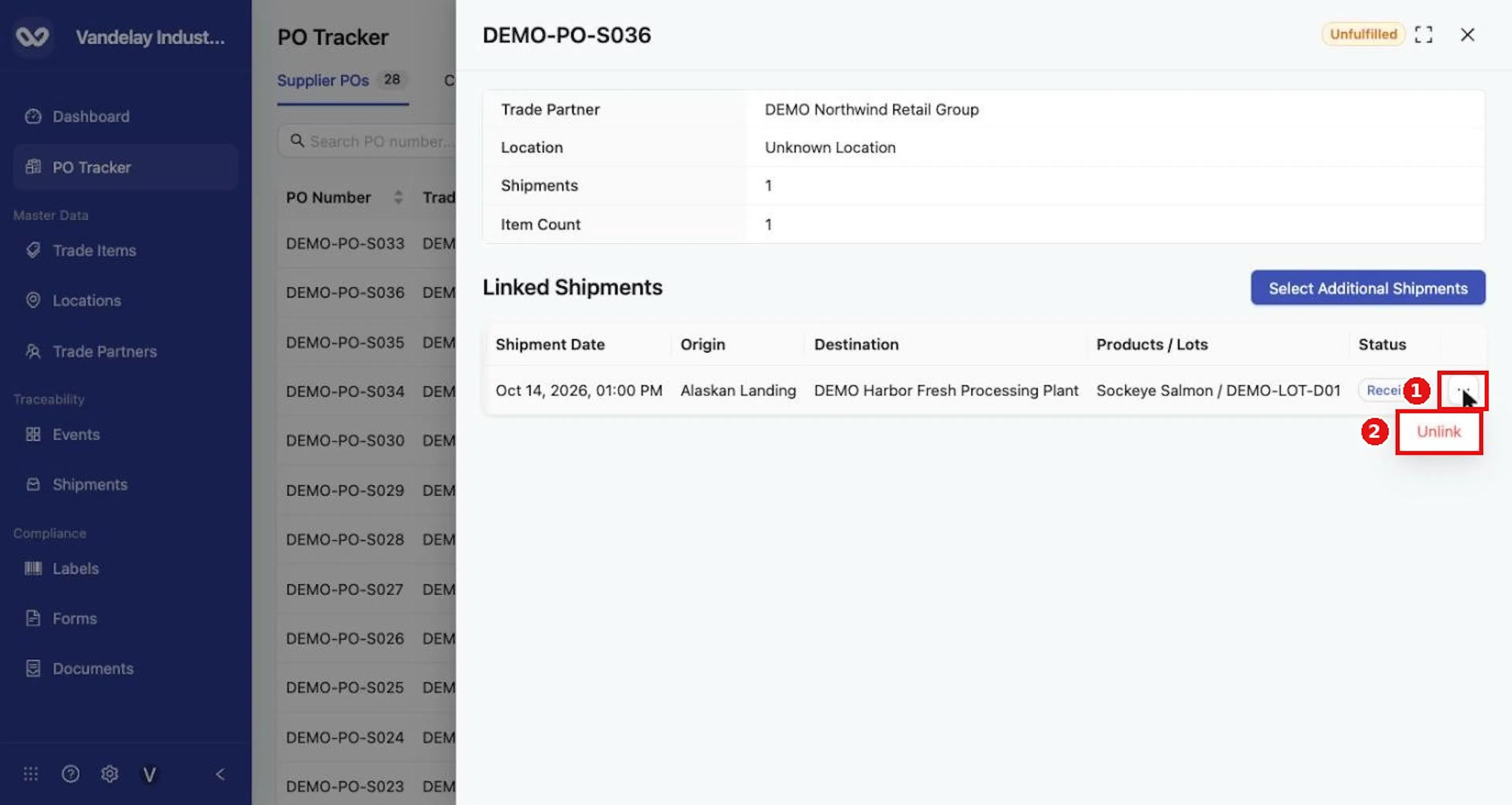 On a linked shipment, the row menu offers Unlink, which removes the link at once.