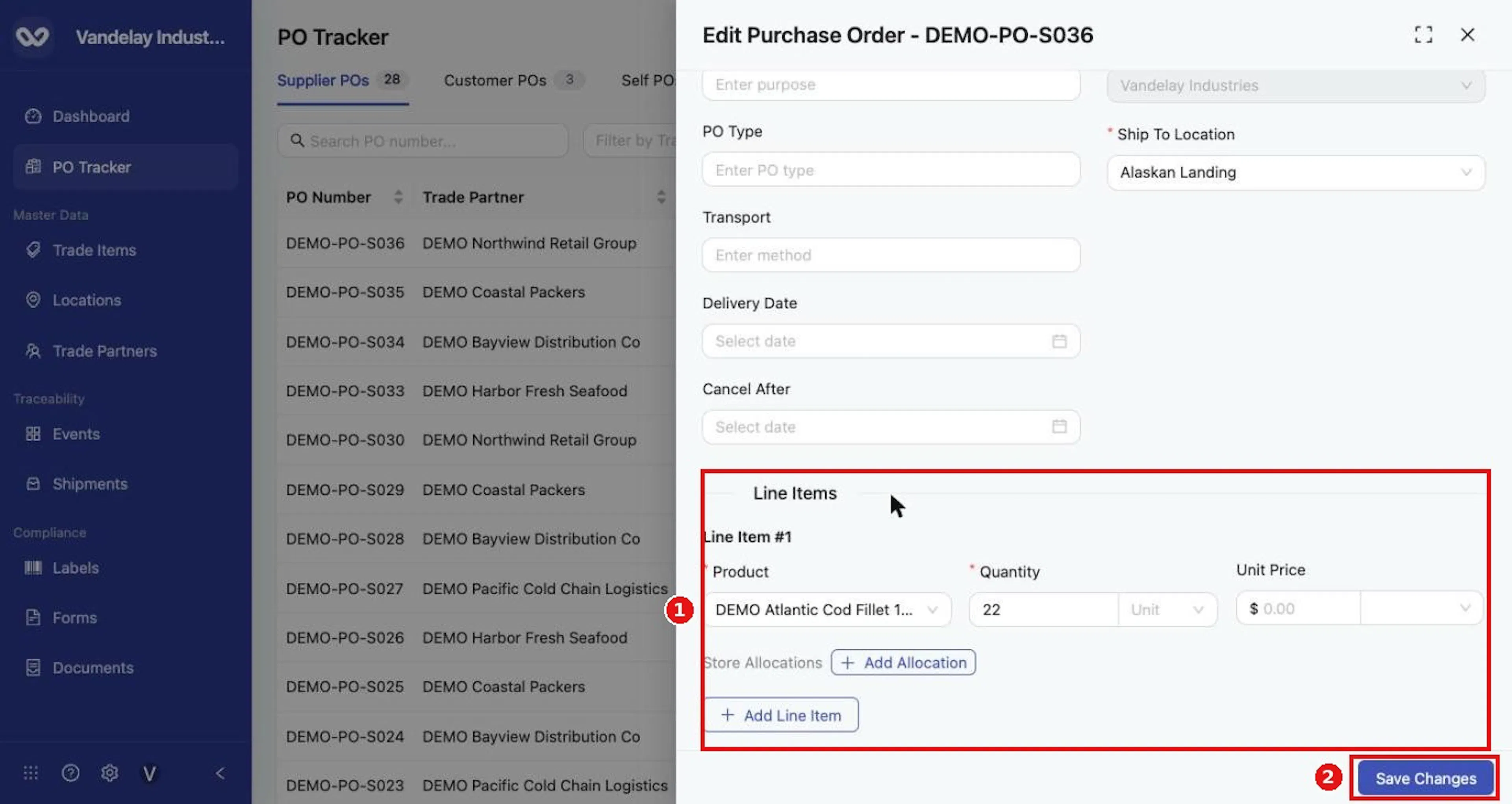 Change line items or add allocations, then select Save Changes.