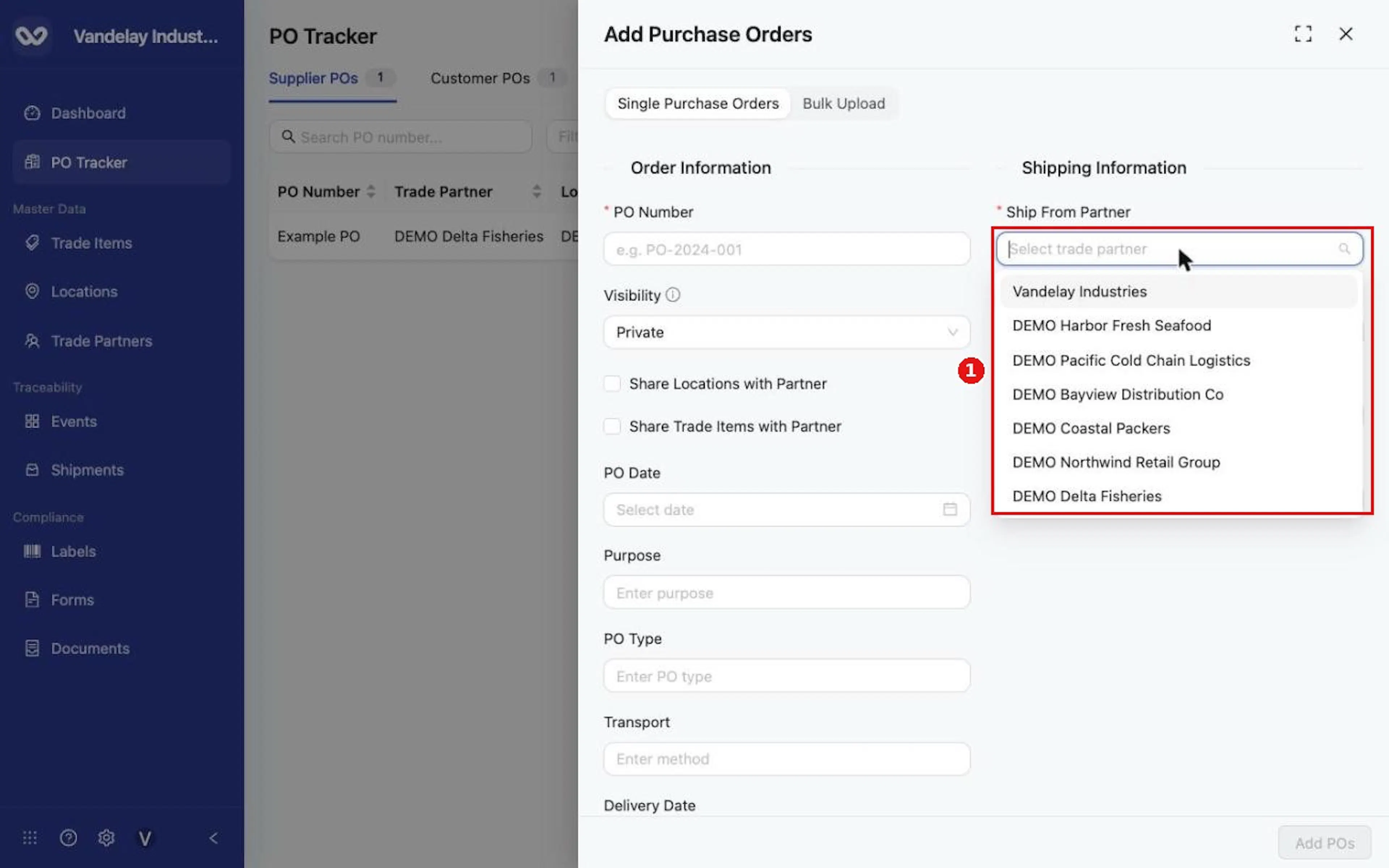 Choose the Ship From Partner (your supplier) from the list.