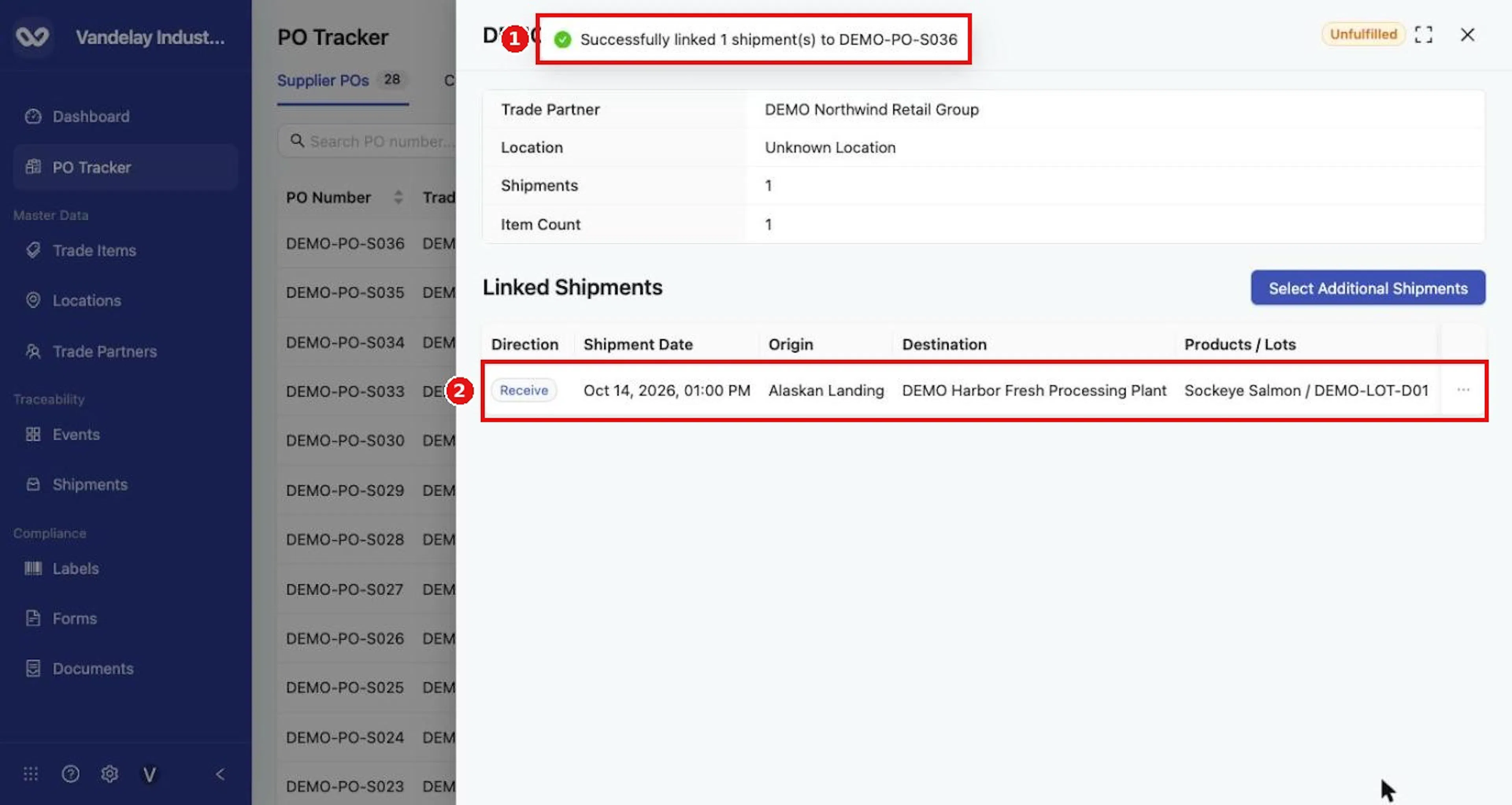 The message Successfully linked n shipment(s) confirms the link, and Shipments updates.