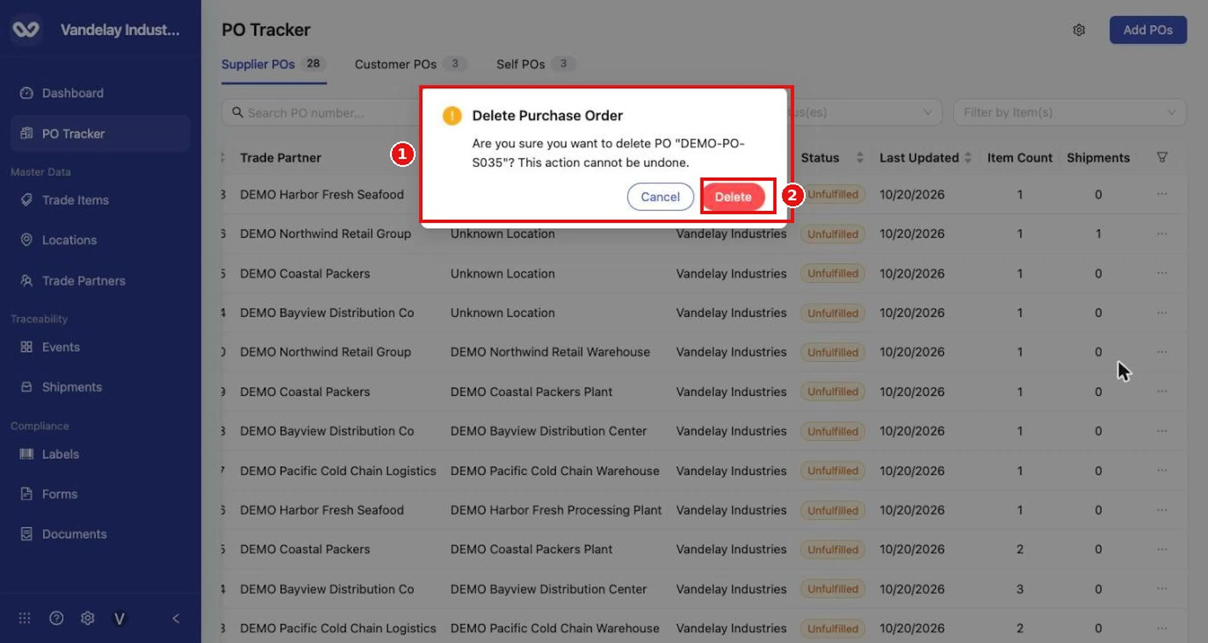 Delete PO opens a confirmation. Select Delete to remove the PO, or Cancel to keep it.