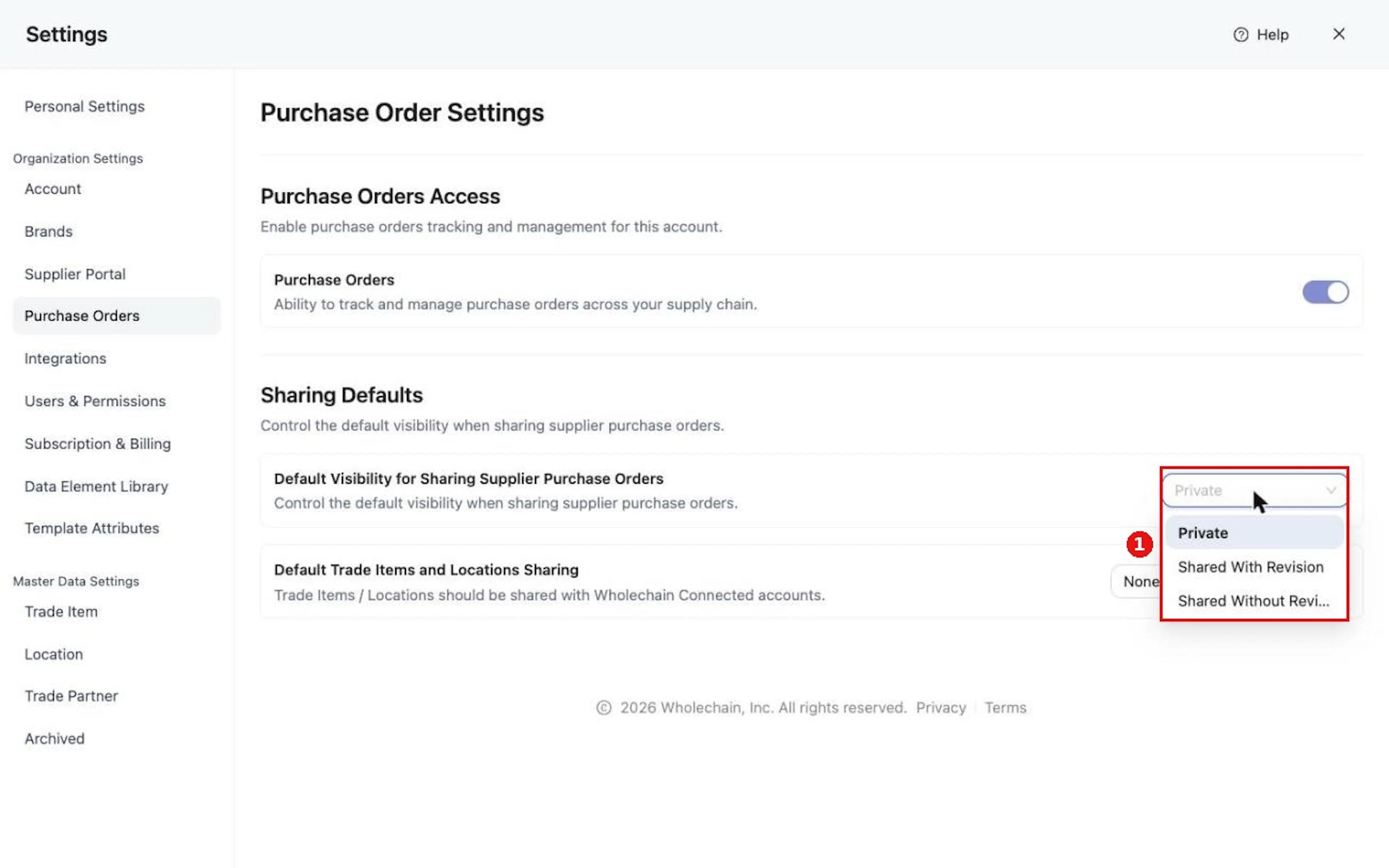 Choose the Default Visibility for Sharing Supplier Purchase Orders.
