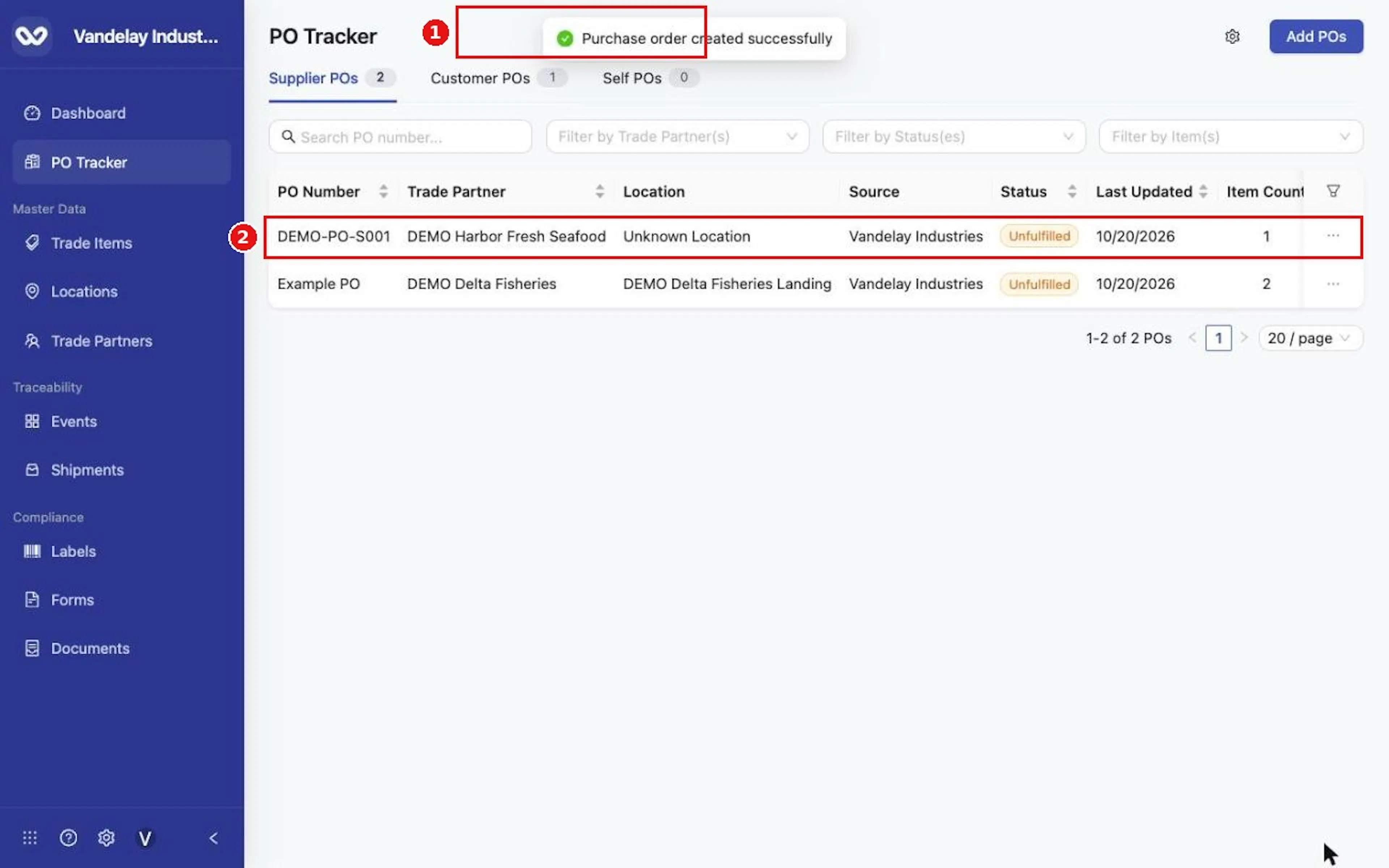 Select Add POs. The message Purchase order created successfully confirms the new row.