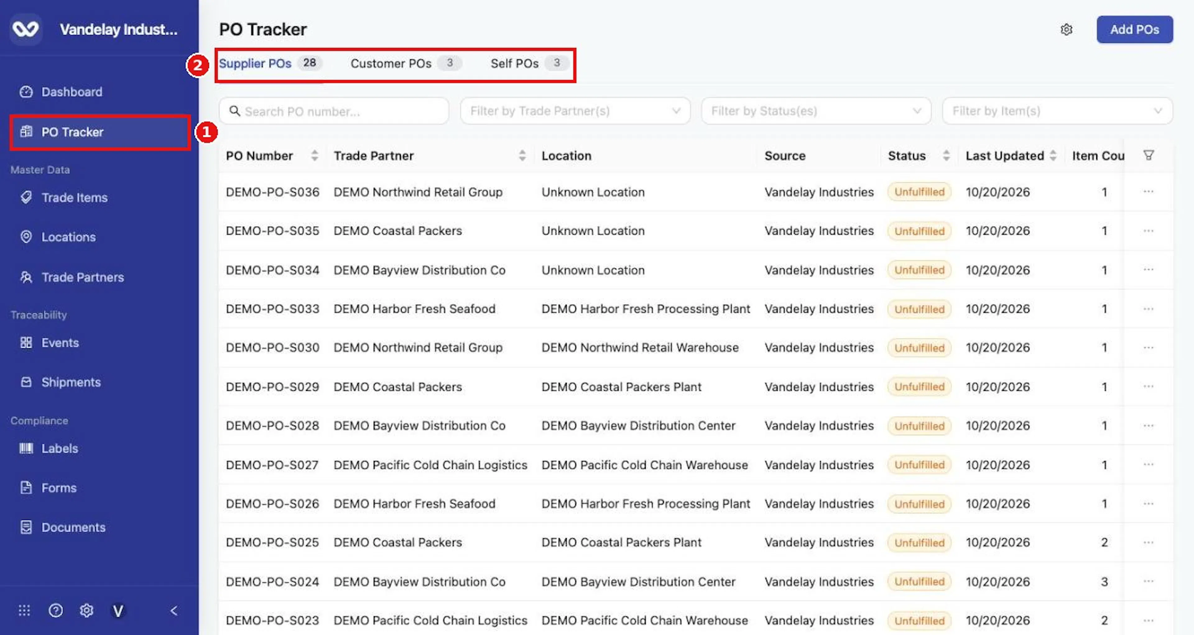 Select PO Tracker in the left navigation. The module opens on Supplier POs.