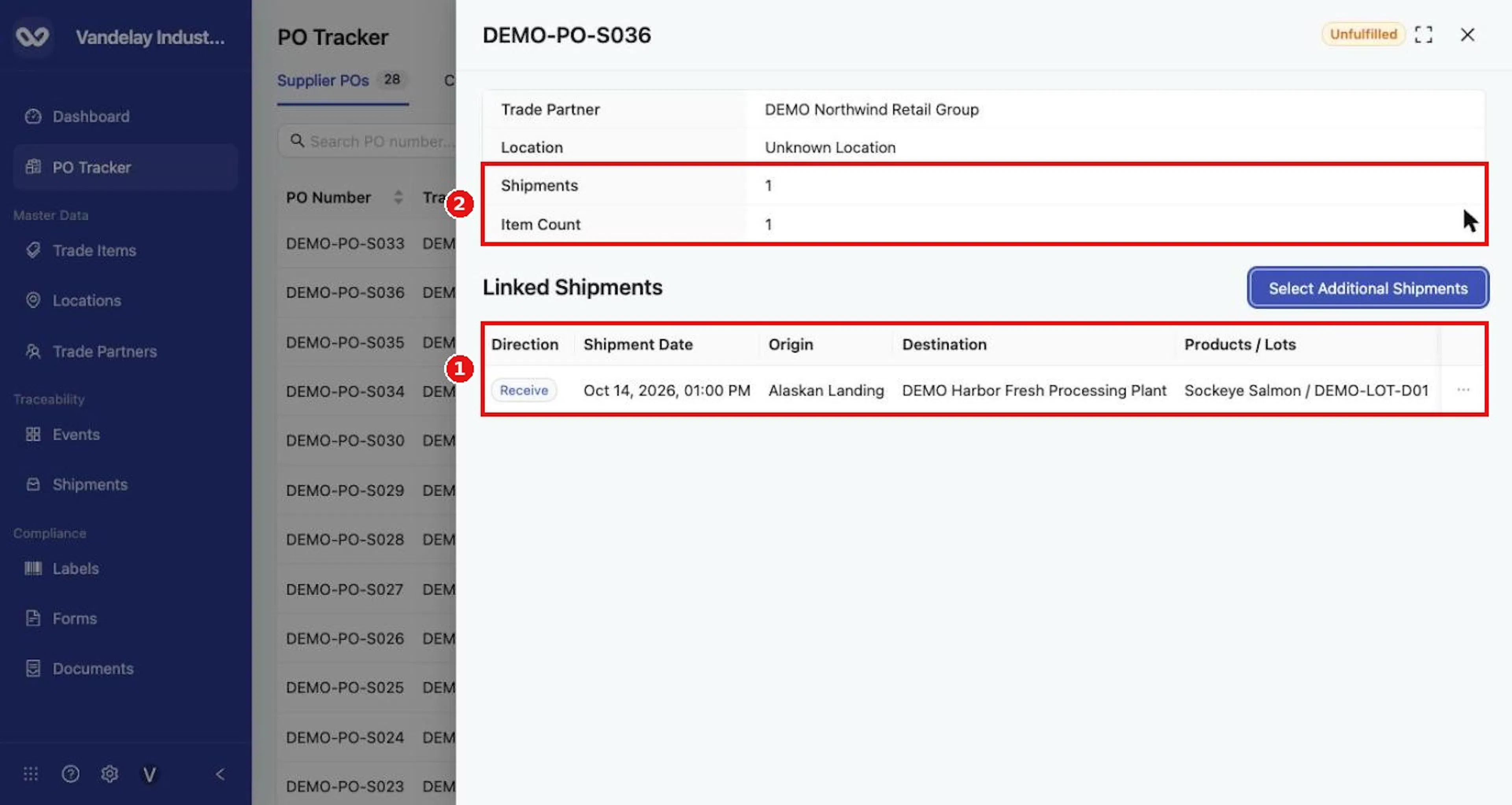 A linked shipment shows its Direction, Shipment Date, Origin, Destination and Products / Lots.