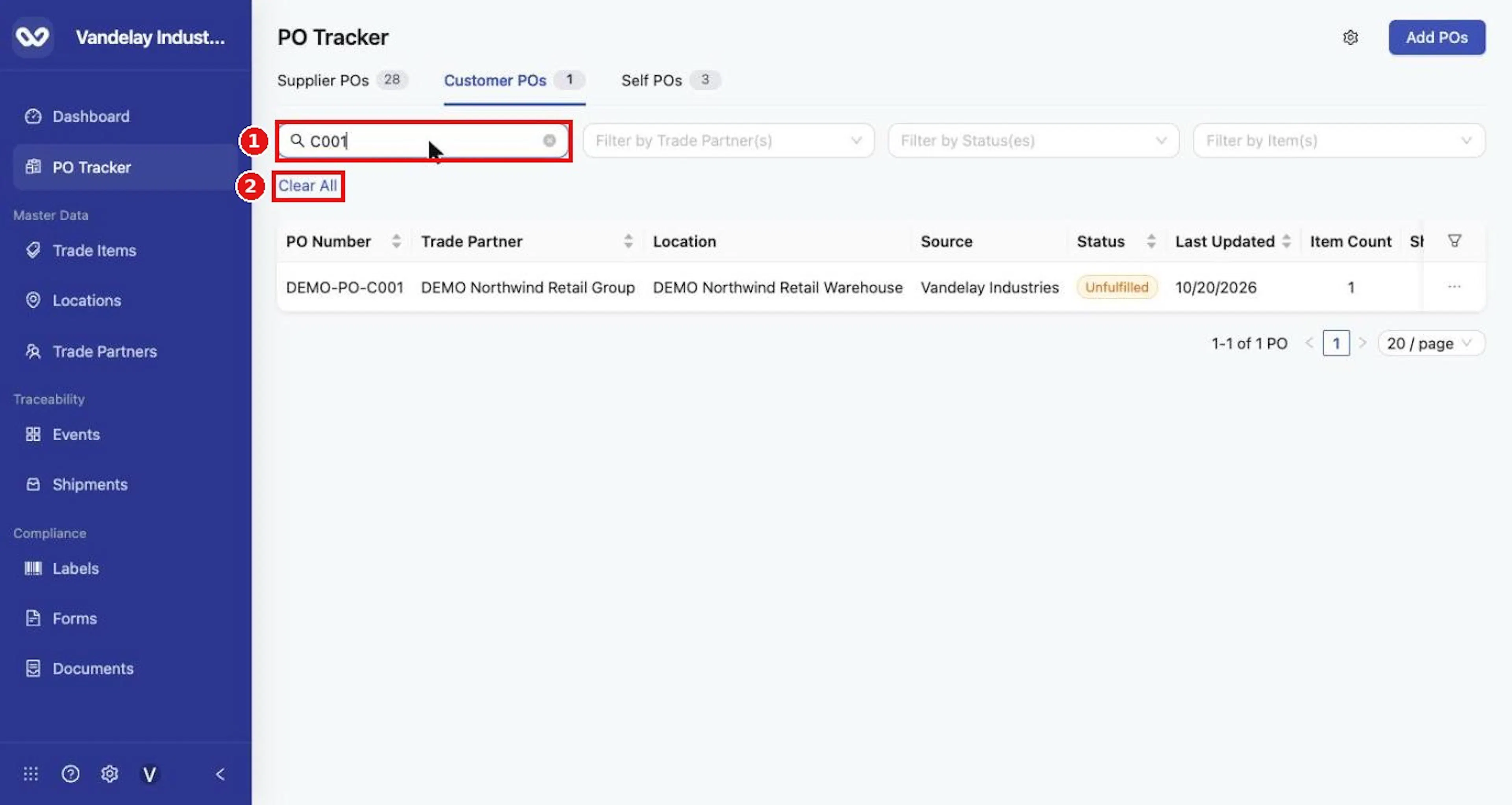 Type part of a PO number in the search box. Clear All appears when a search or filter is active.