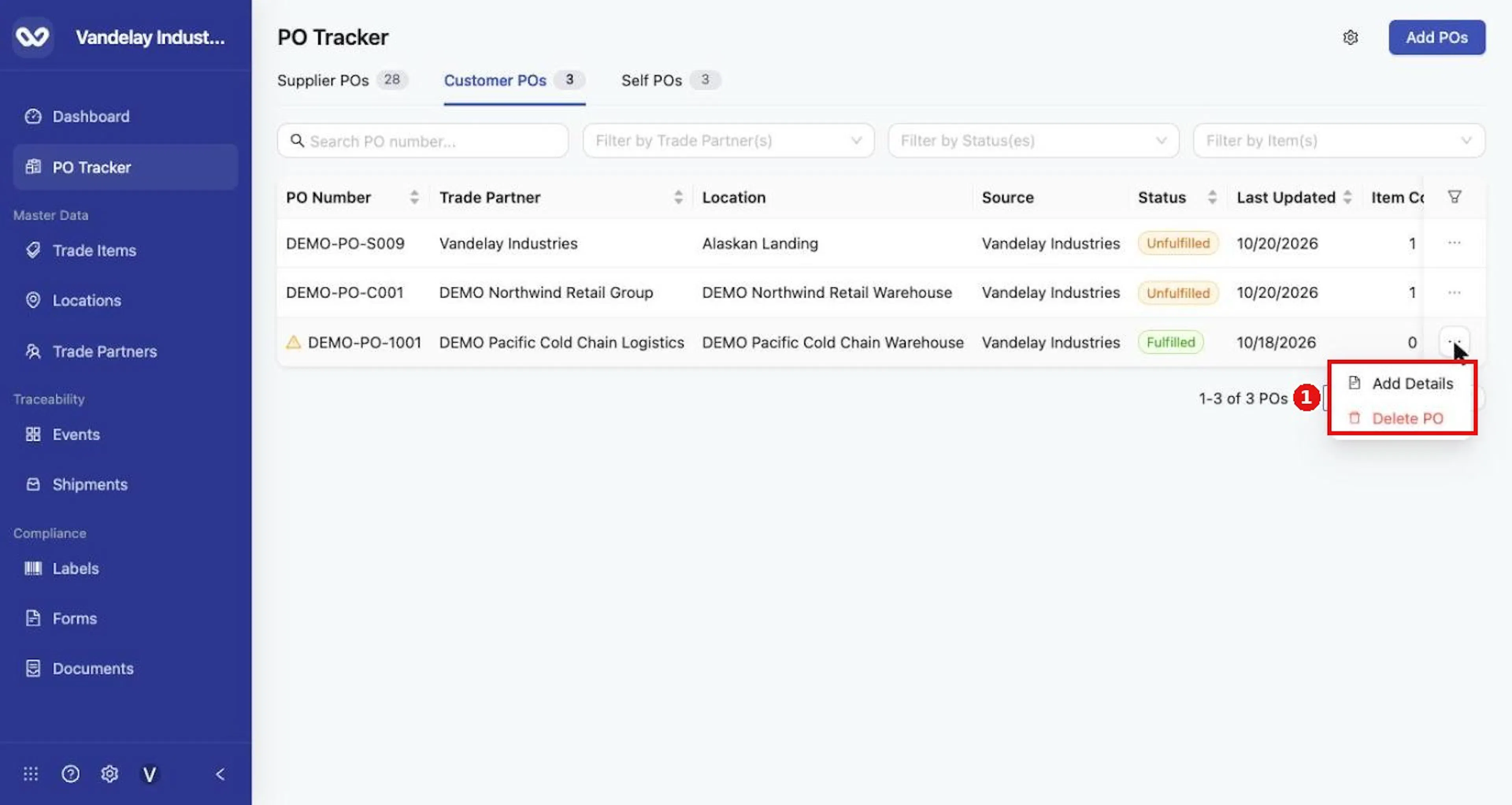 The row menu of an automatically created PO offers Add Details and Delete PO.