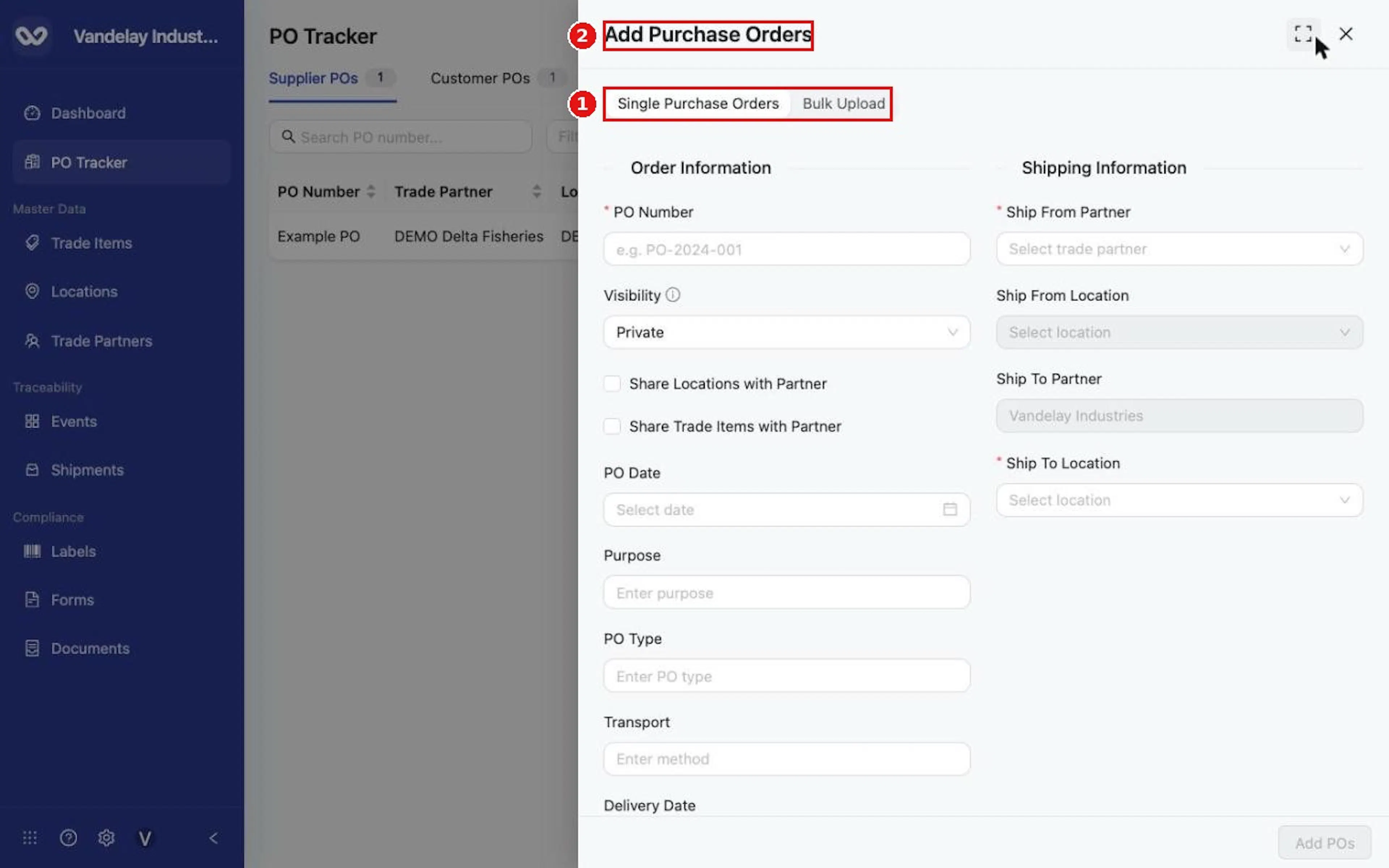 Select Add POs. The Add Purchase Orders drawer opens on Single Purchase Orders.