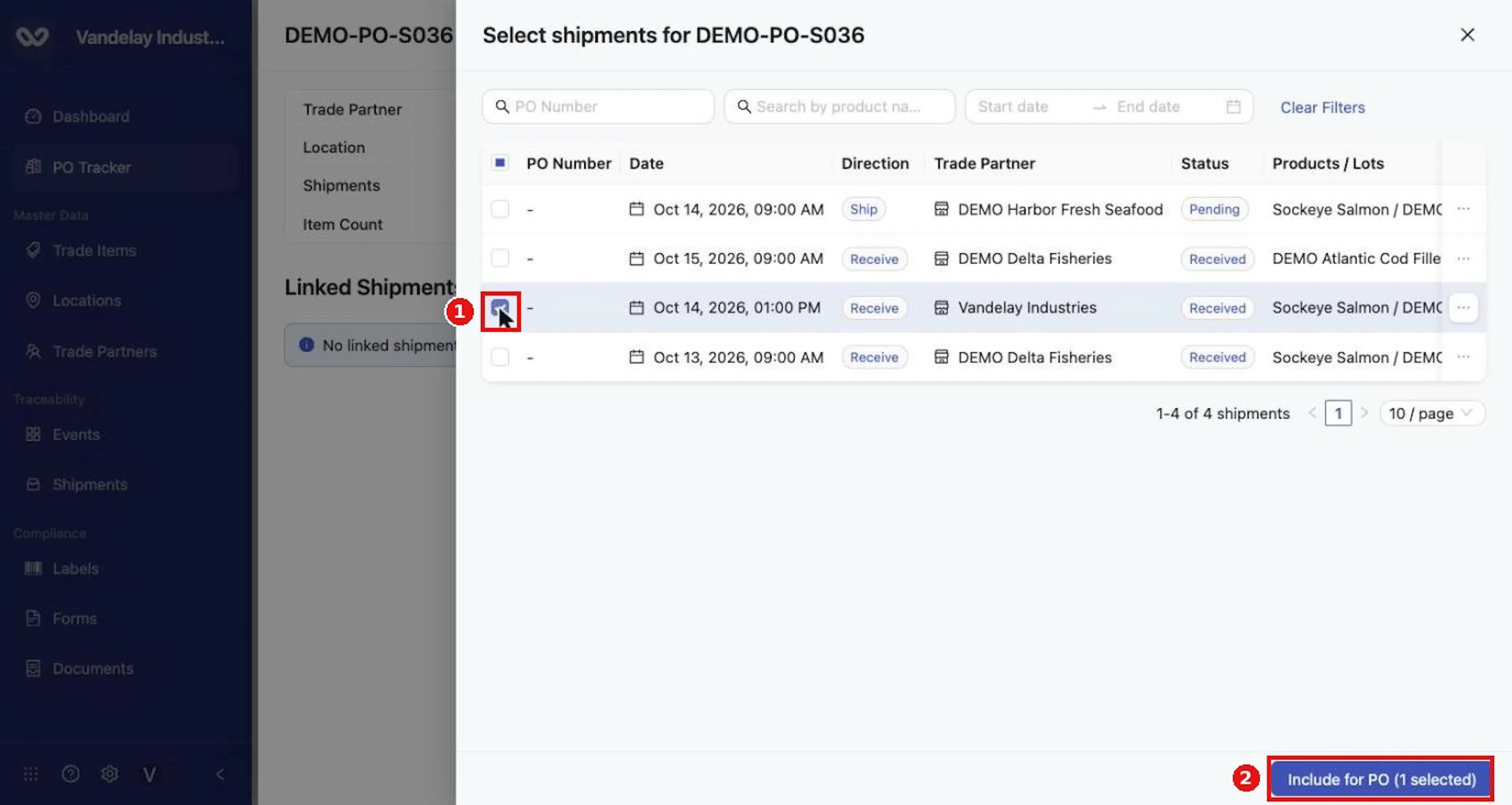 Tick the shipments to link. Include for PO shows the number selected.
