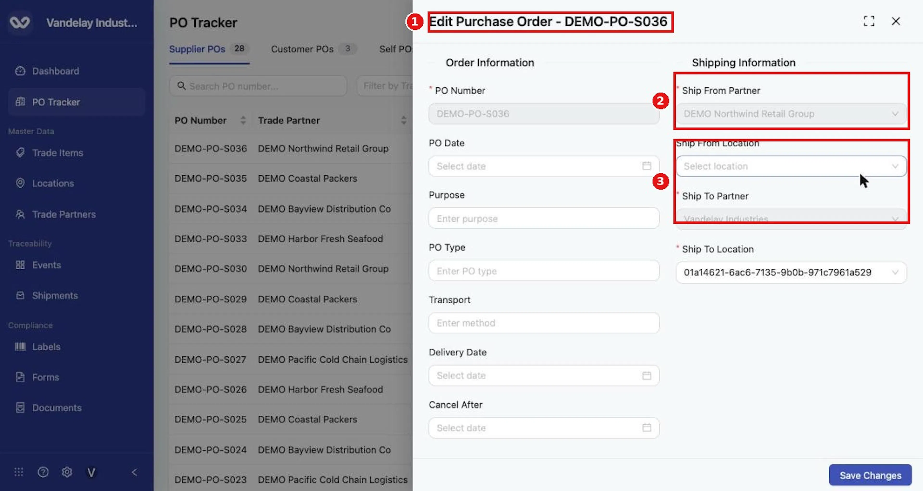 View Details opens Edit Purchase Order. PO Number and partners are read-only; locations are editable.
