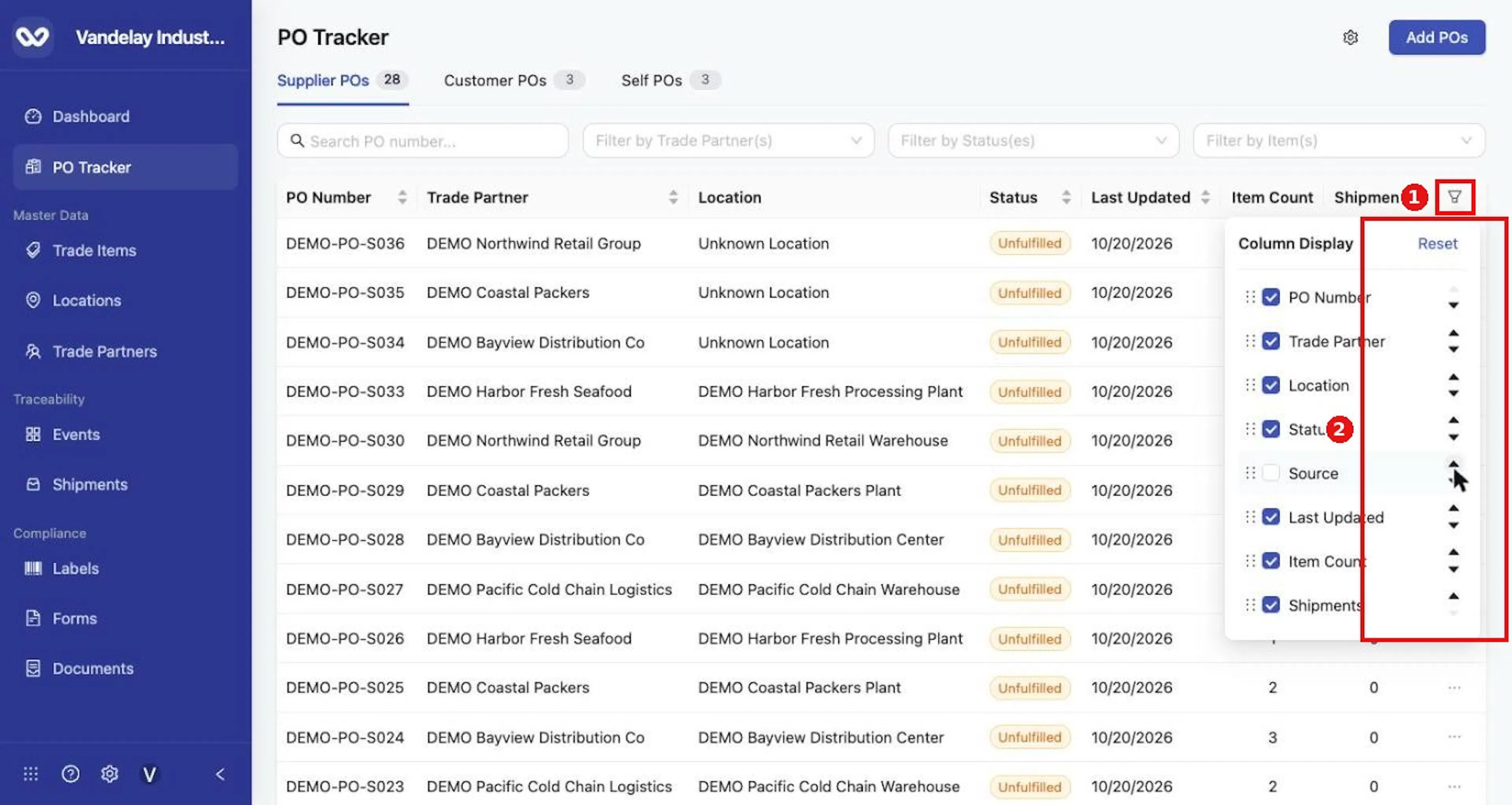 Select the funnel icon to open Column Display, then tick, untick or reorder columns.
