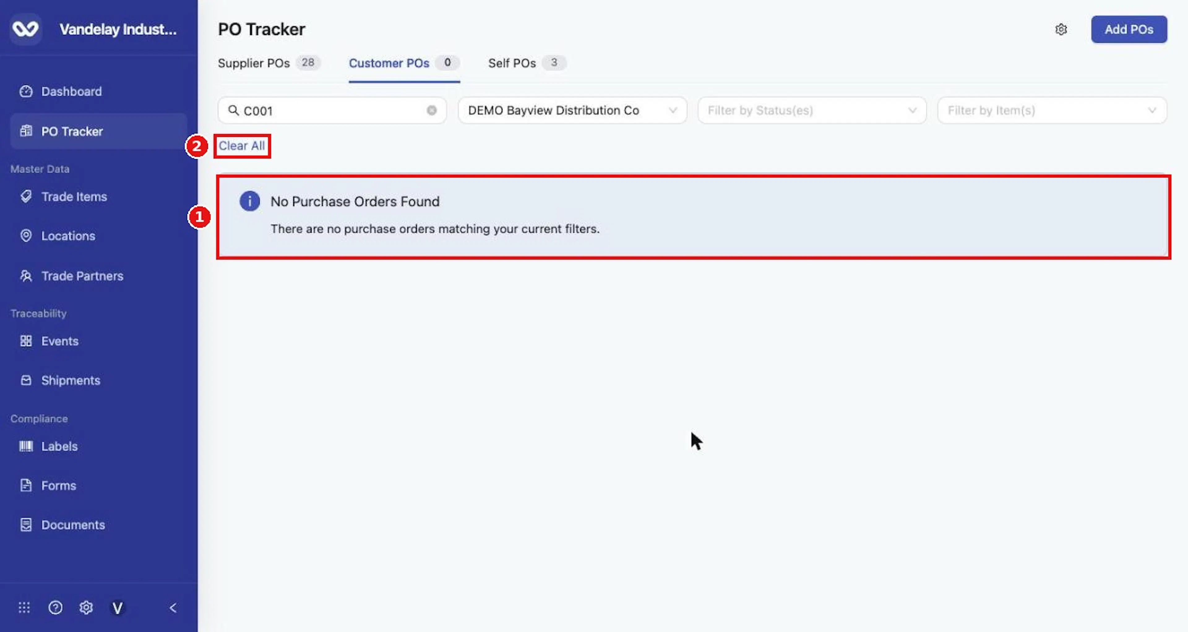When nothing matches, the list shows No Purchase Orders Found. Select Clear All to reset.