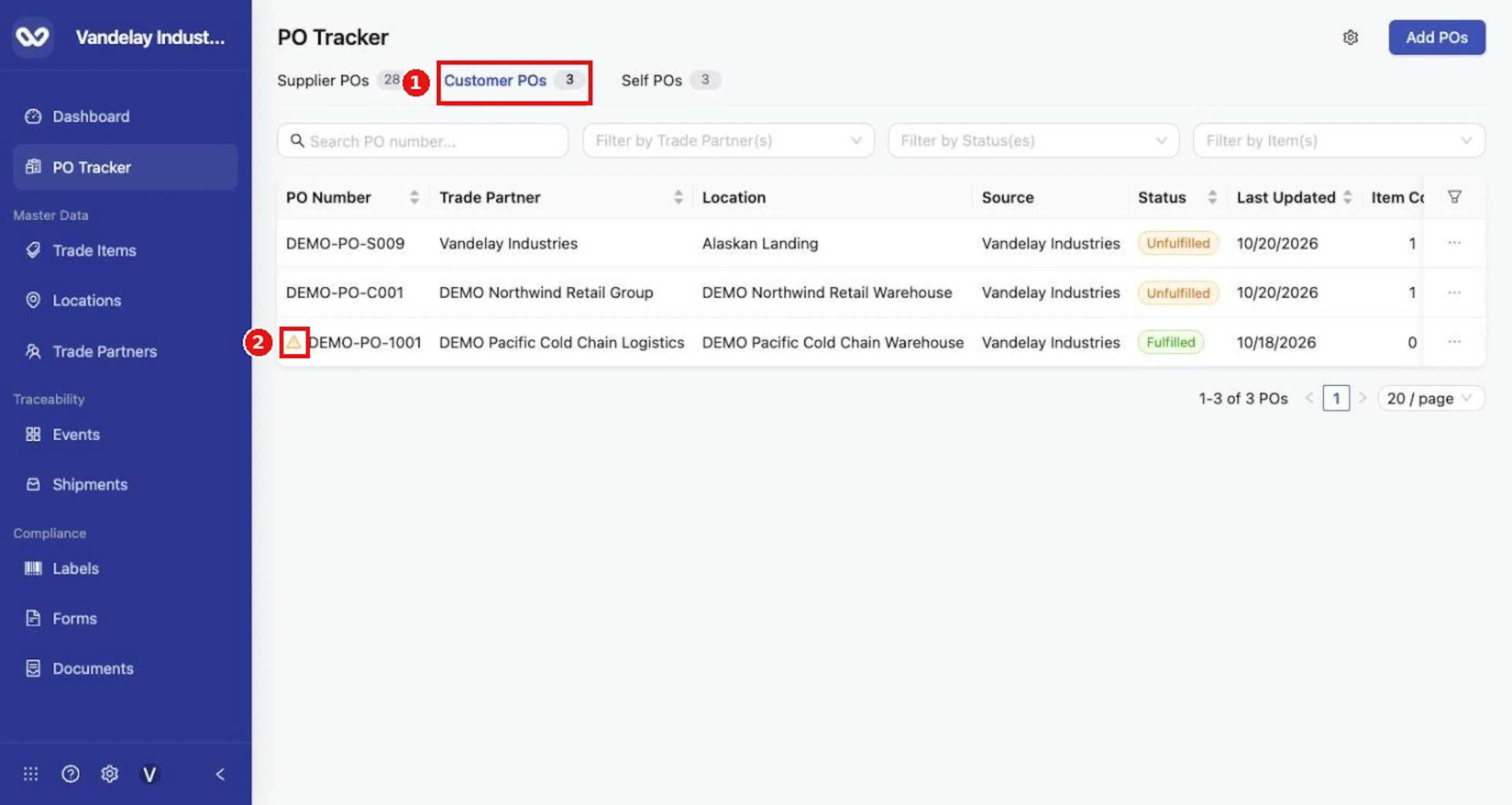Select Customer POs or Self POs to change tab. Each tab shows its count.