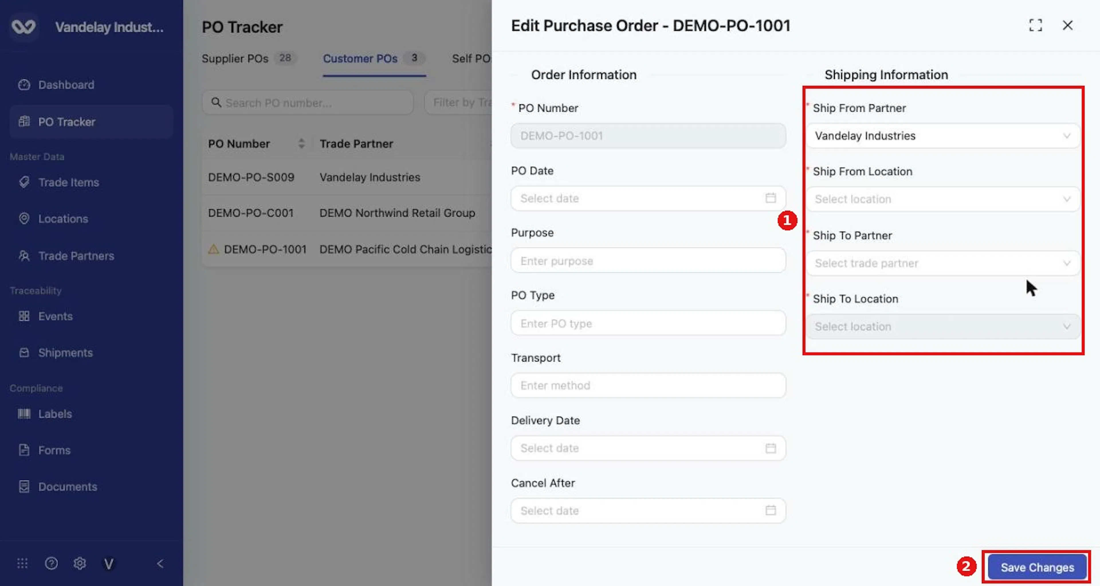 Add Details opens Edit Purchase Order with the missing shipping fields empty. Complete them and select Save Changes.
