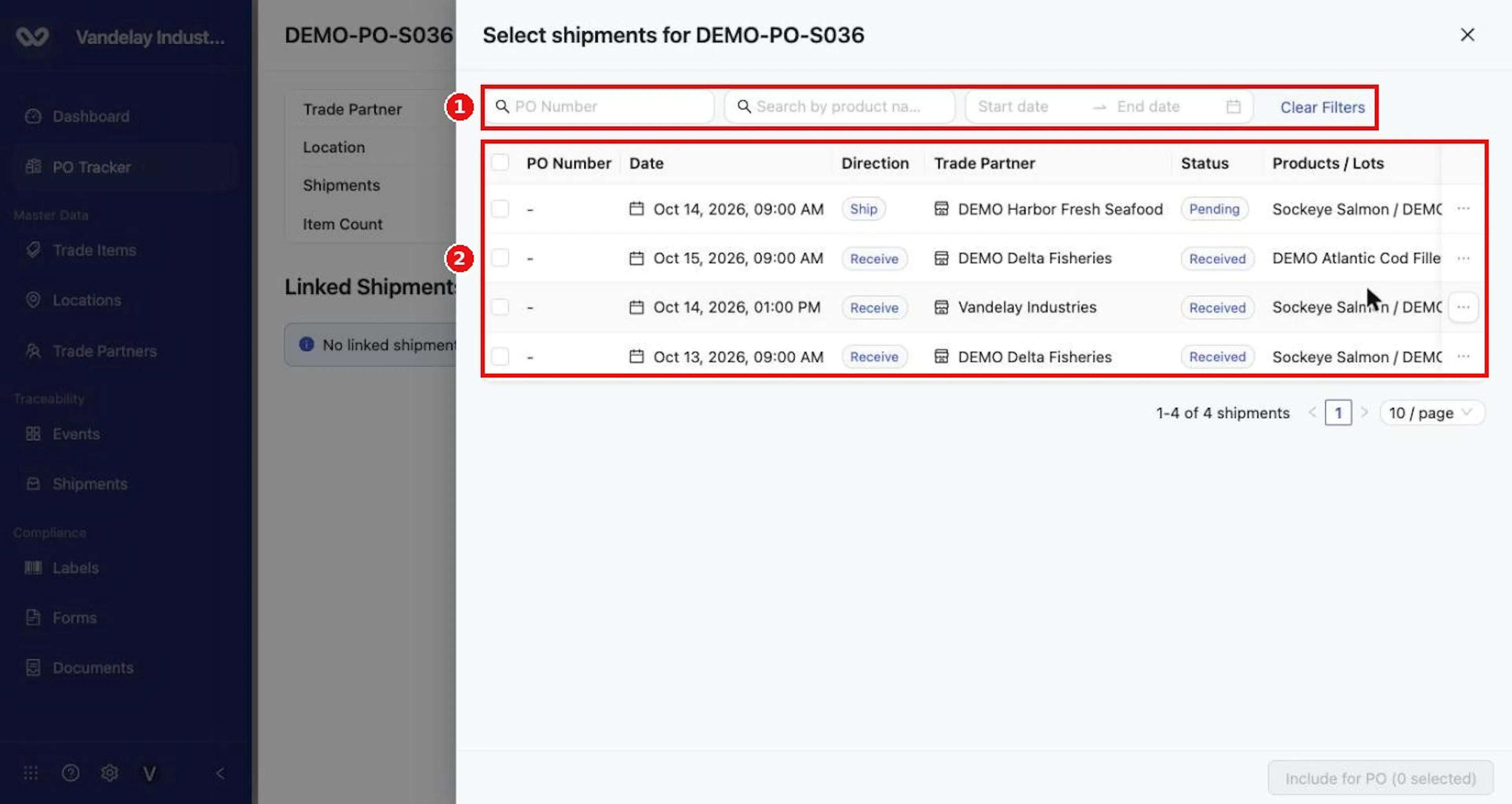Select Additional Shipments opens the Select shipments drawer with search, date filters and a list of events.