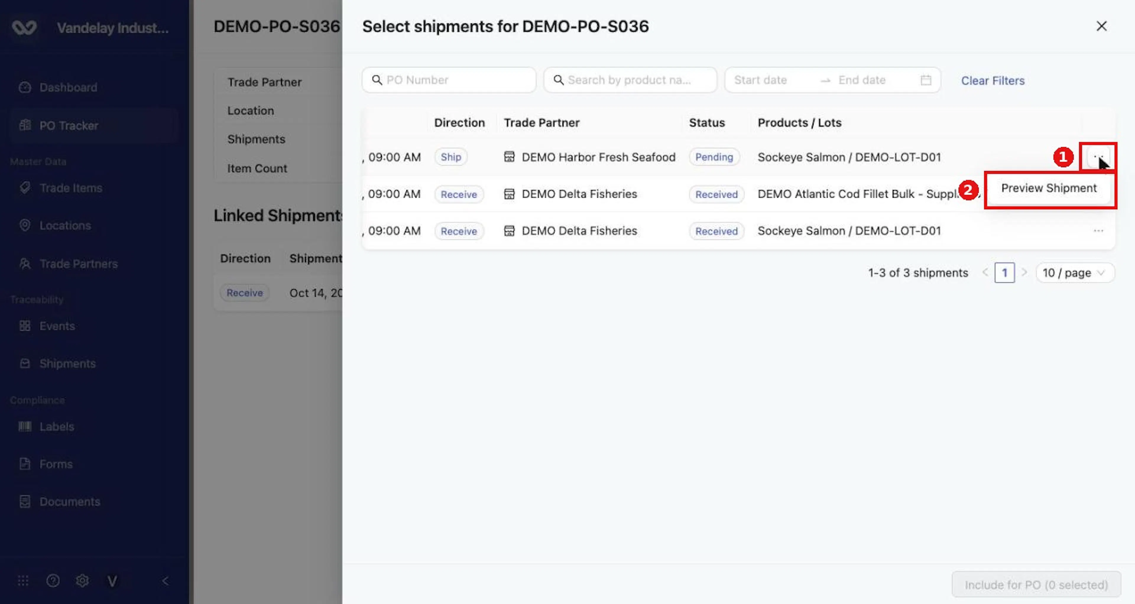 In the Select shipments drawer, the row menu offers Preview Shipment, which opens the event on the Shipments page.