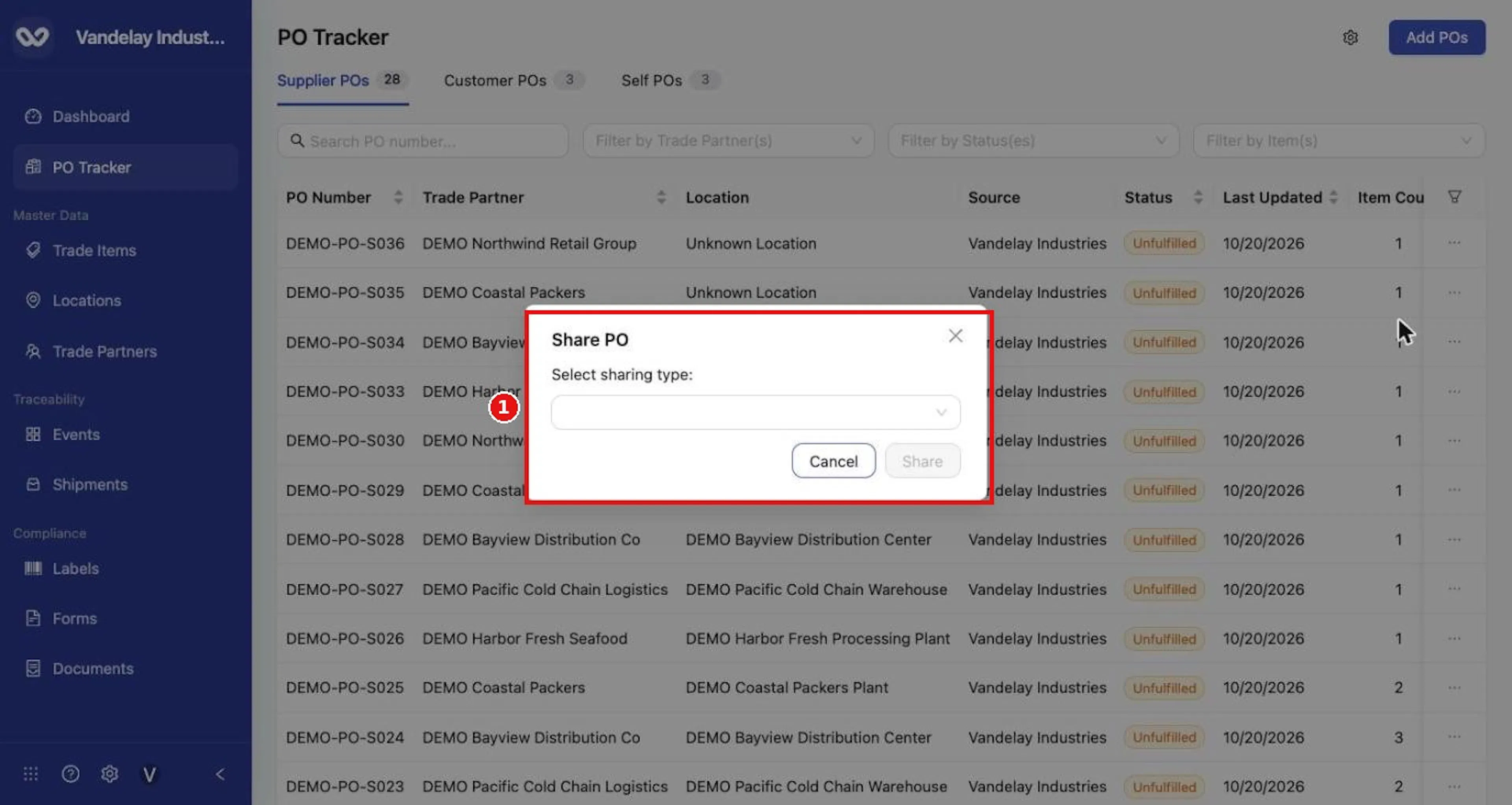 Share PO asks you to select a sharing type. Share stays disabled until you choose.