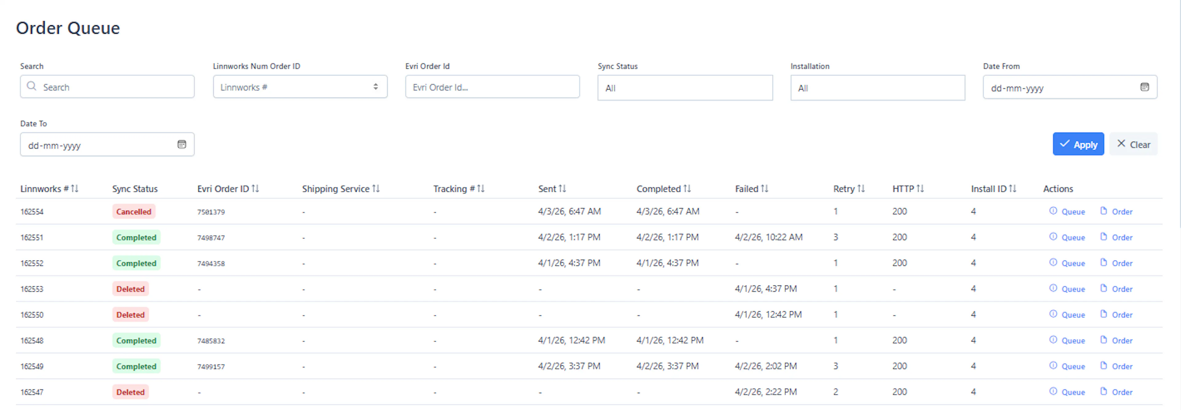 Order Queue Table