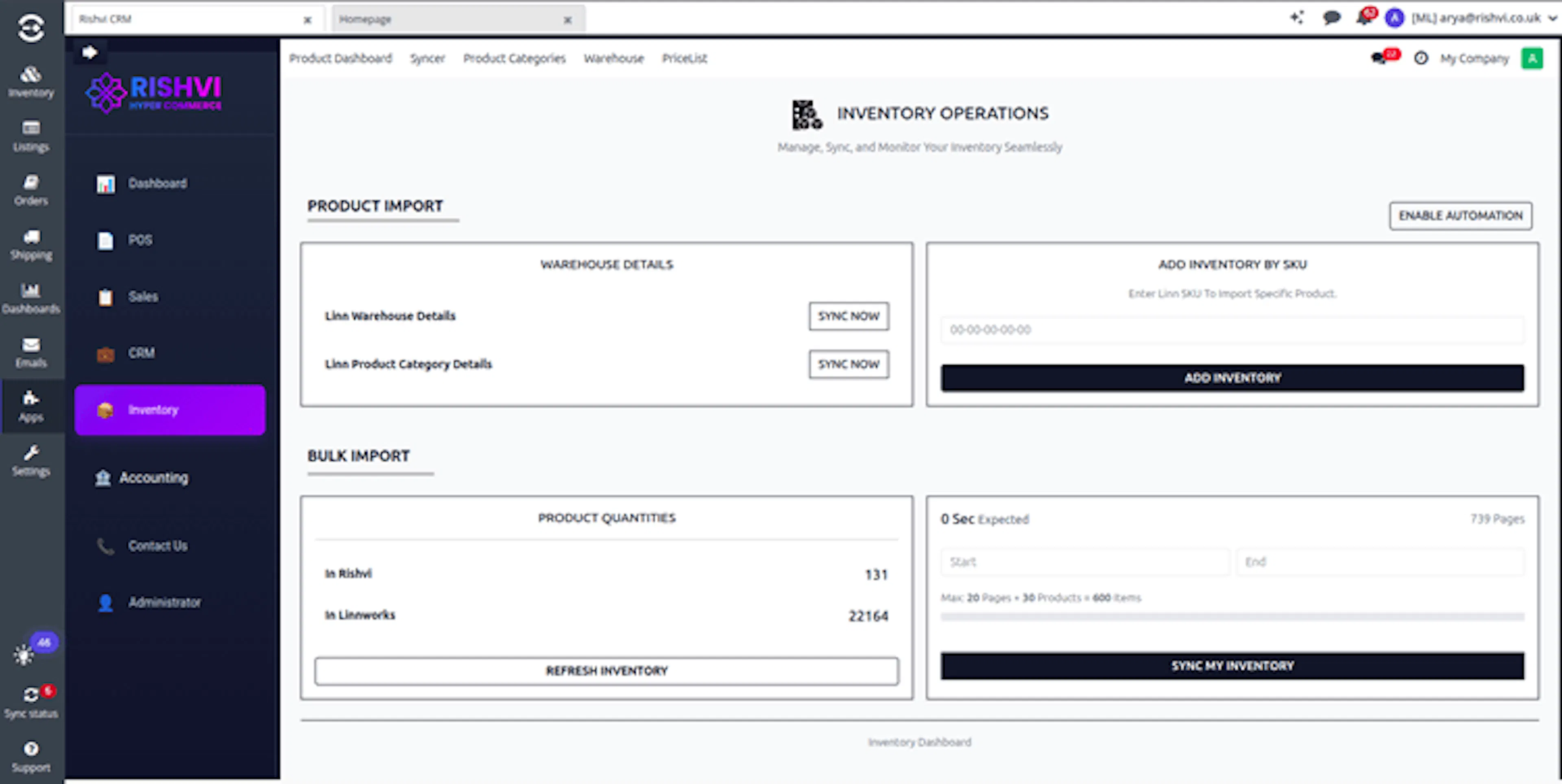 Inventory Operations dashboard showing warehouse synchronization, SKU import, product quantities, and bulk inventory controls