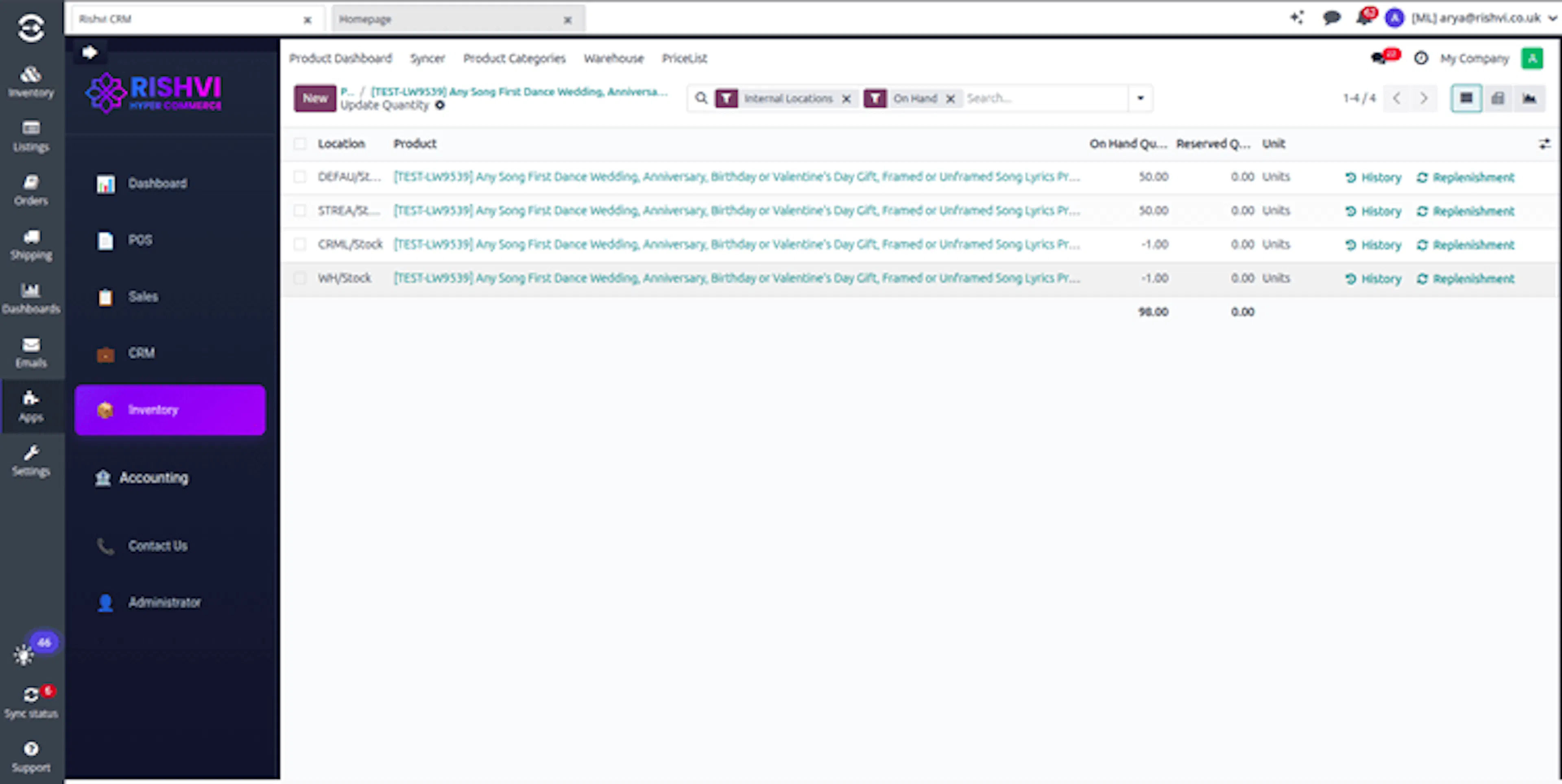 Product quantities by Linnworks warehouse showing on-hand and reserved quantities